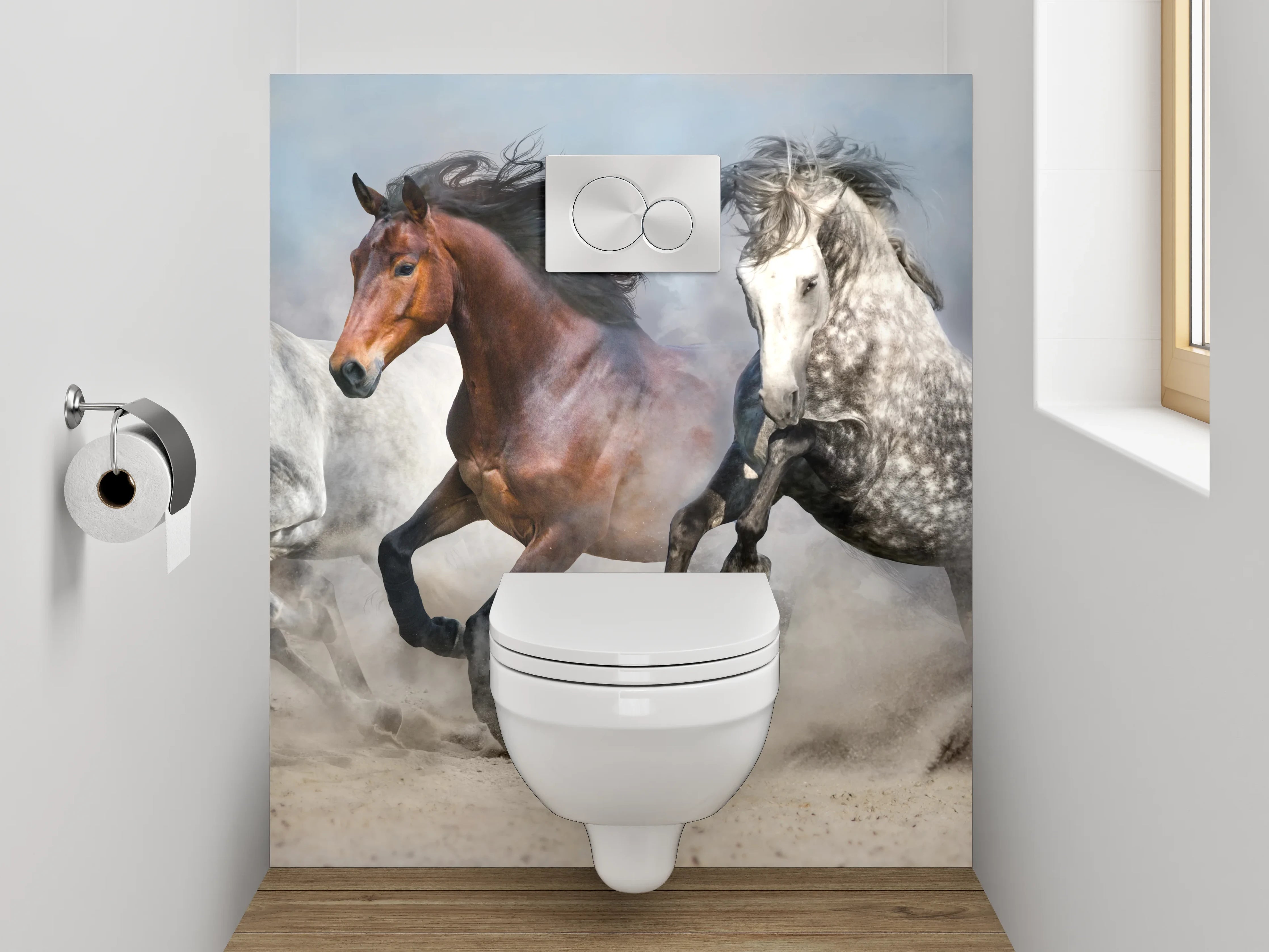 WC-Rückwand - Laufende Wildpferde auf Sand