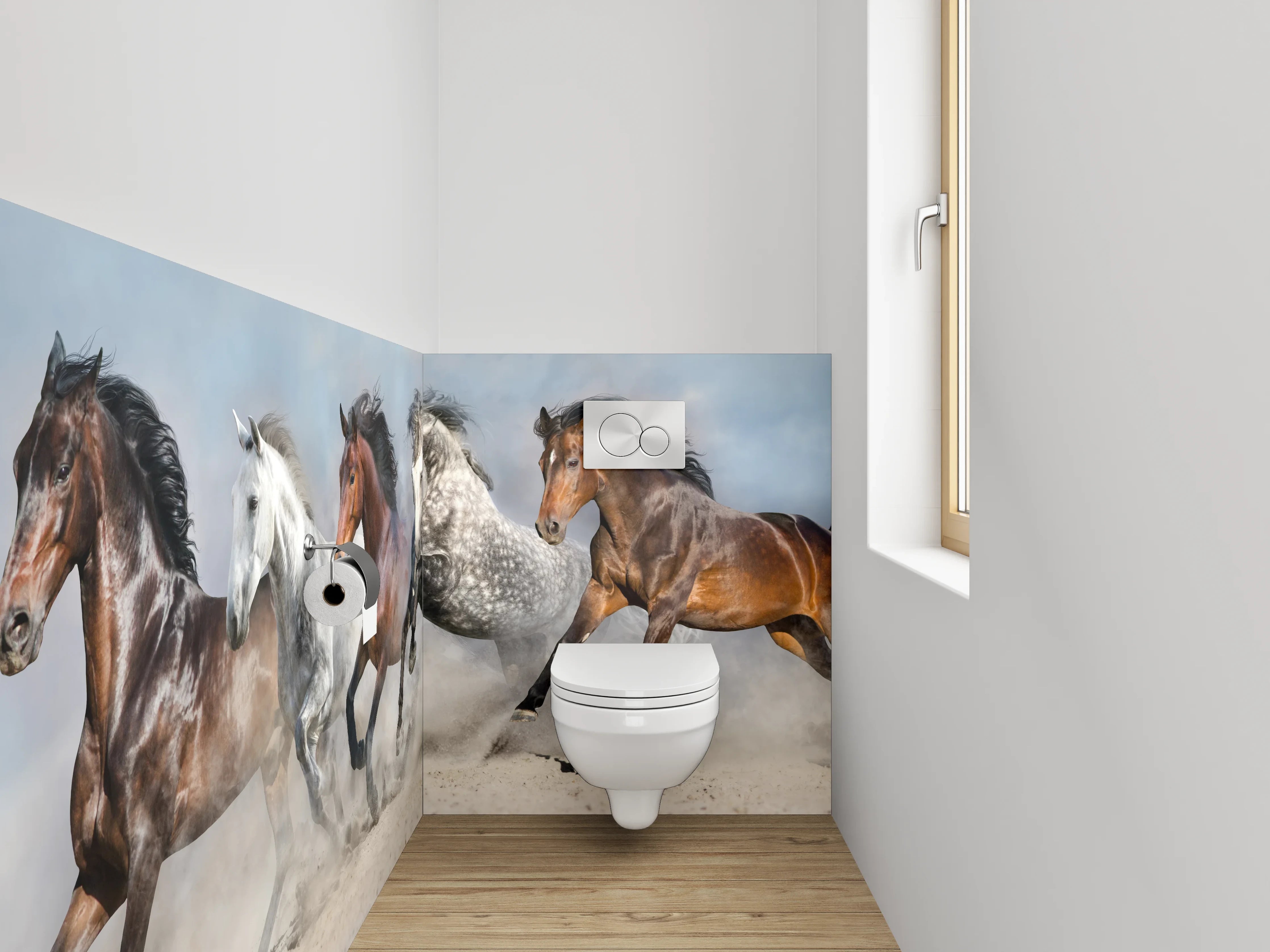 WC-Rückwand - Laufende Wildpferde auf Sand