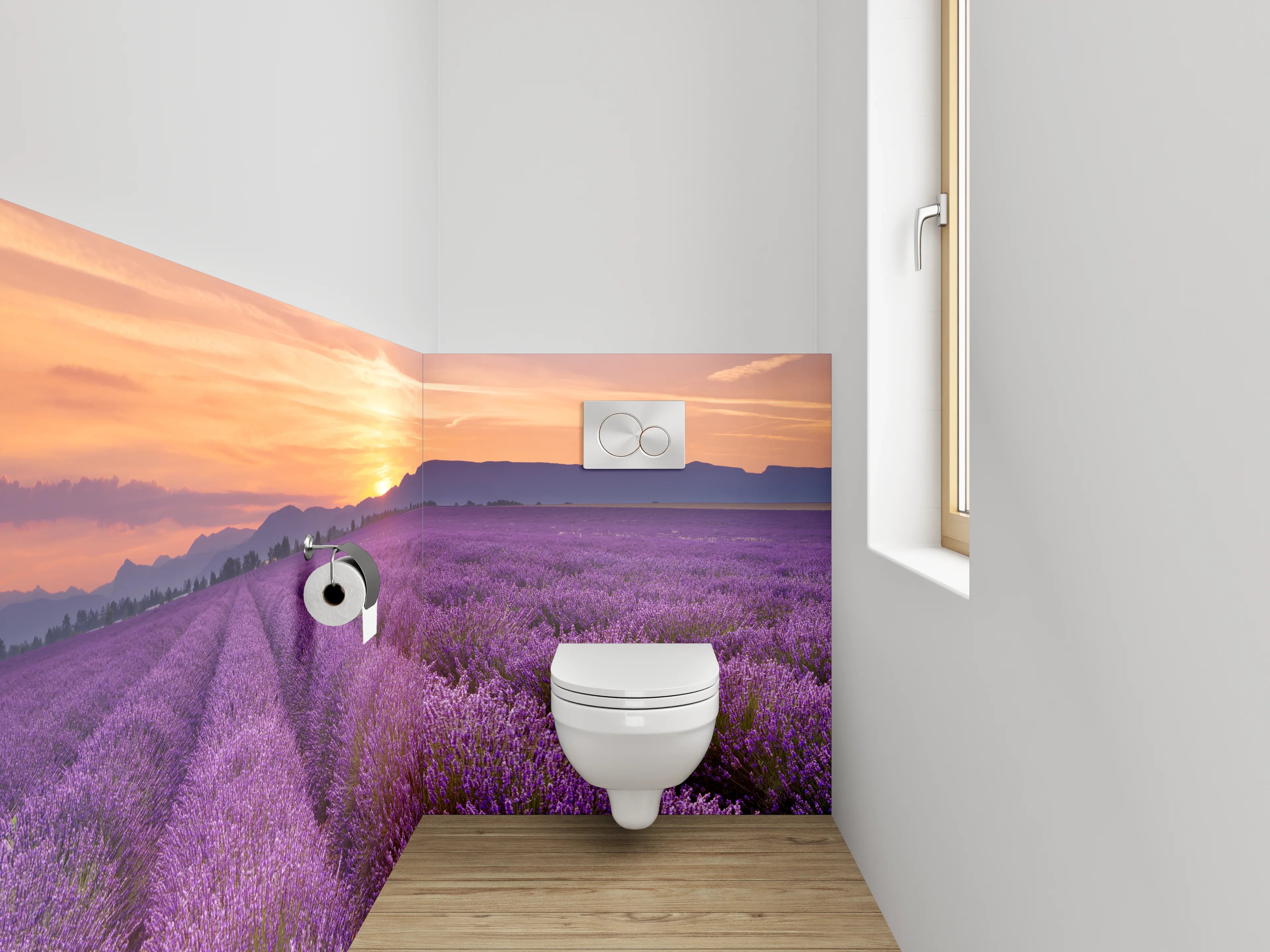 WC-Rückwand - Lavendelfeld bei Sonnenuntergang Panorama