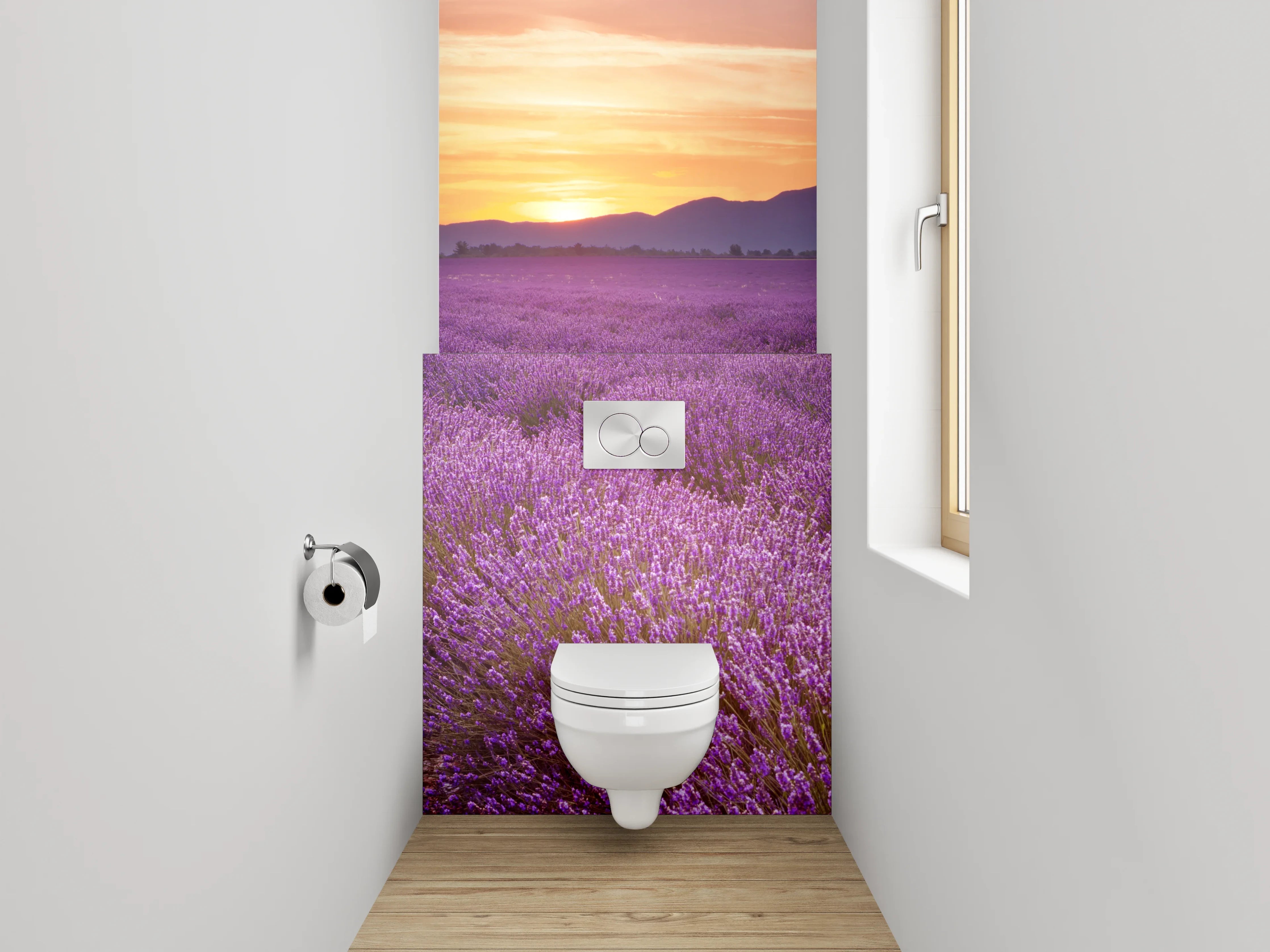 WC-Rückwand - Lavendelfeld bei Sonnenuntergang Panorama