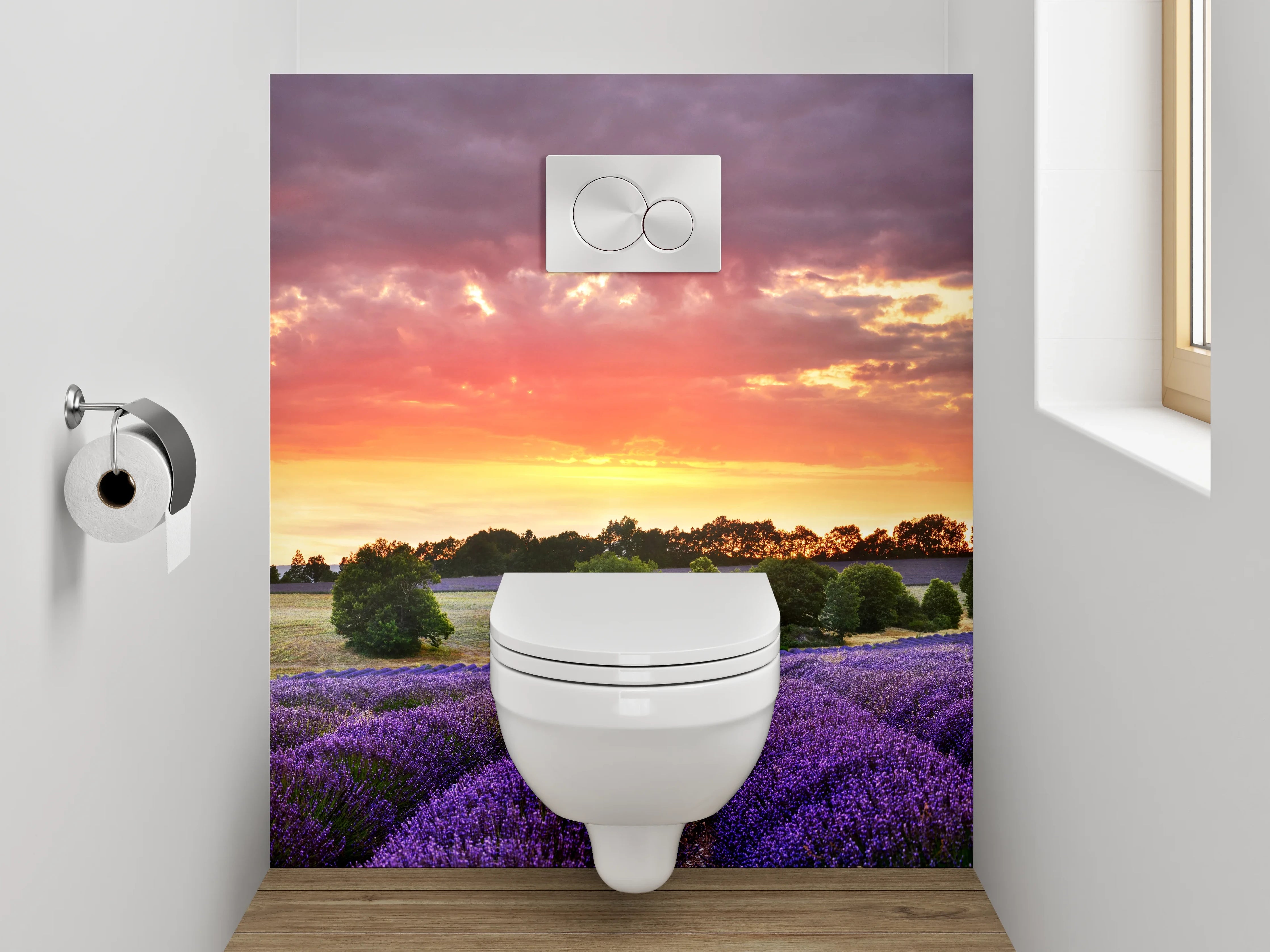 WC-Rückwand - Lavendelfeld im Sonnenuntergang Panorama