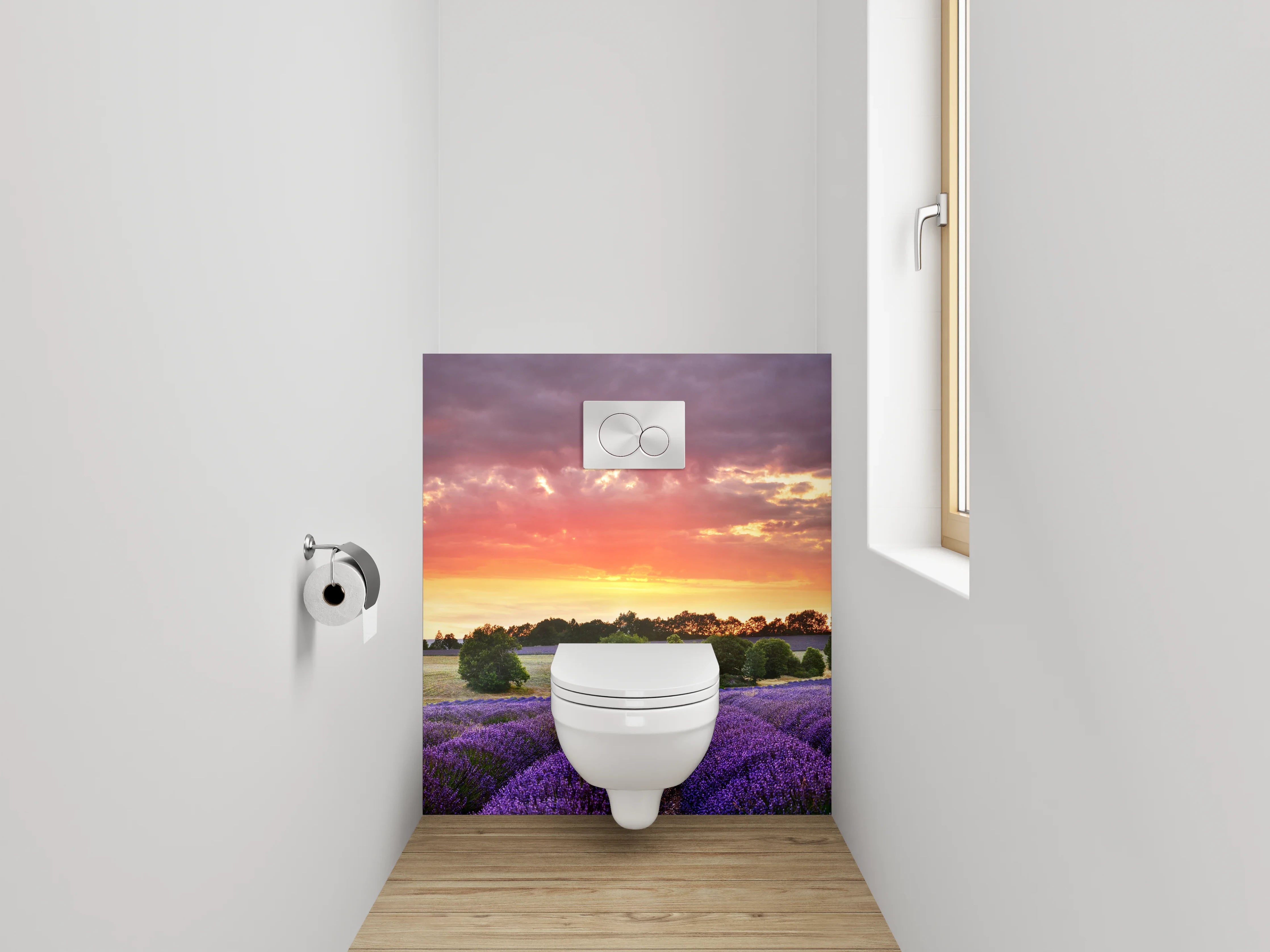 WC-Rückwand - Lavendelfeld im Sonnenuntergang Panorama