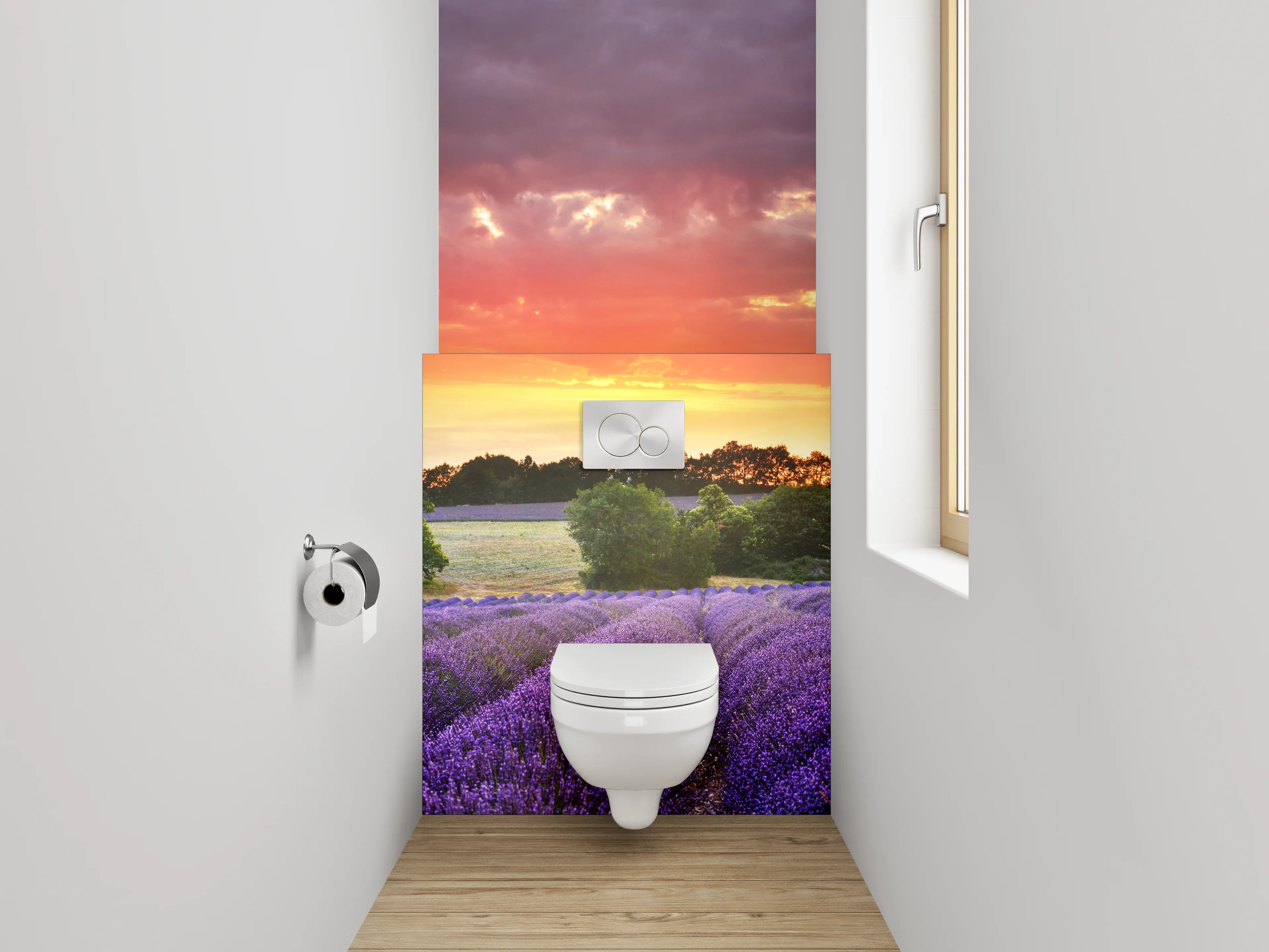 WC-Rückwand - Lavendelfeld im Sonnenuntergang Panorama
