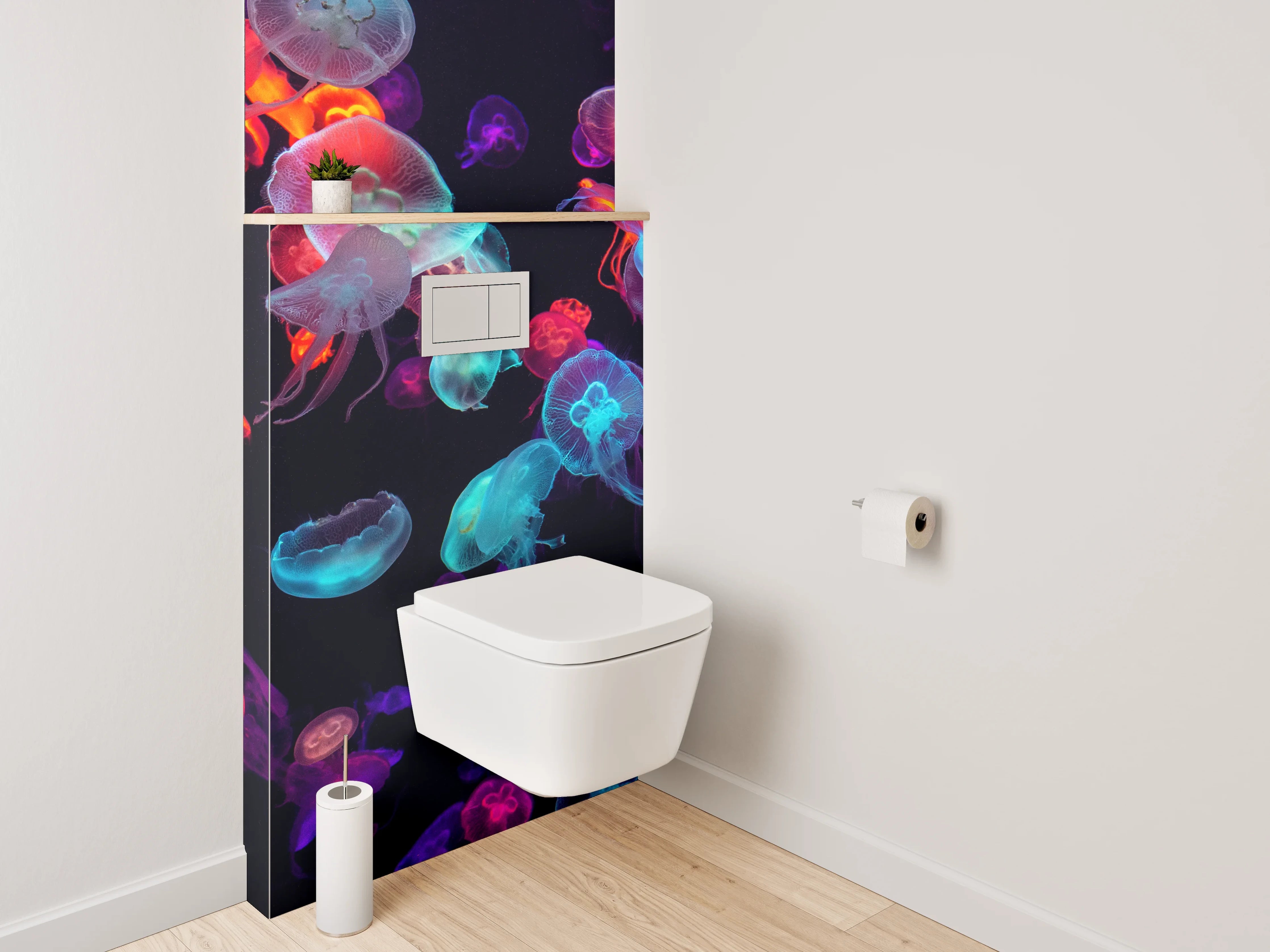 WC-Rückwand - Leuchtende Quallen im Neonlicht