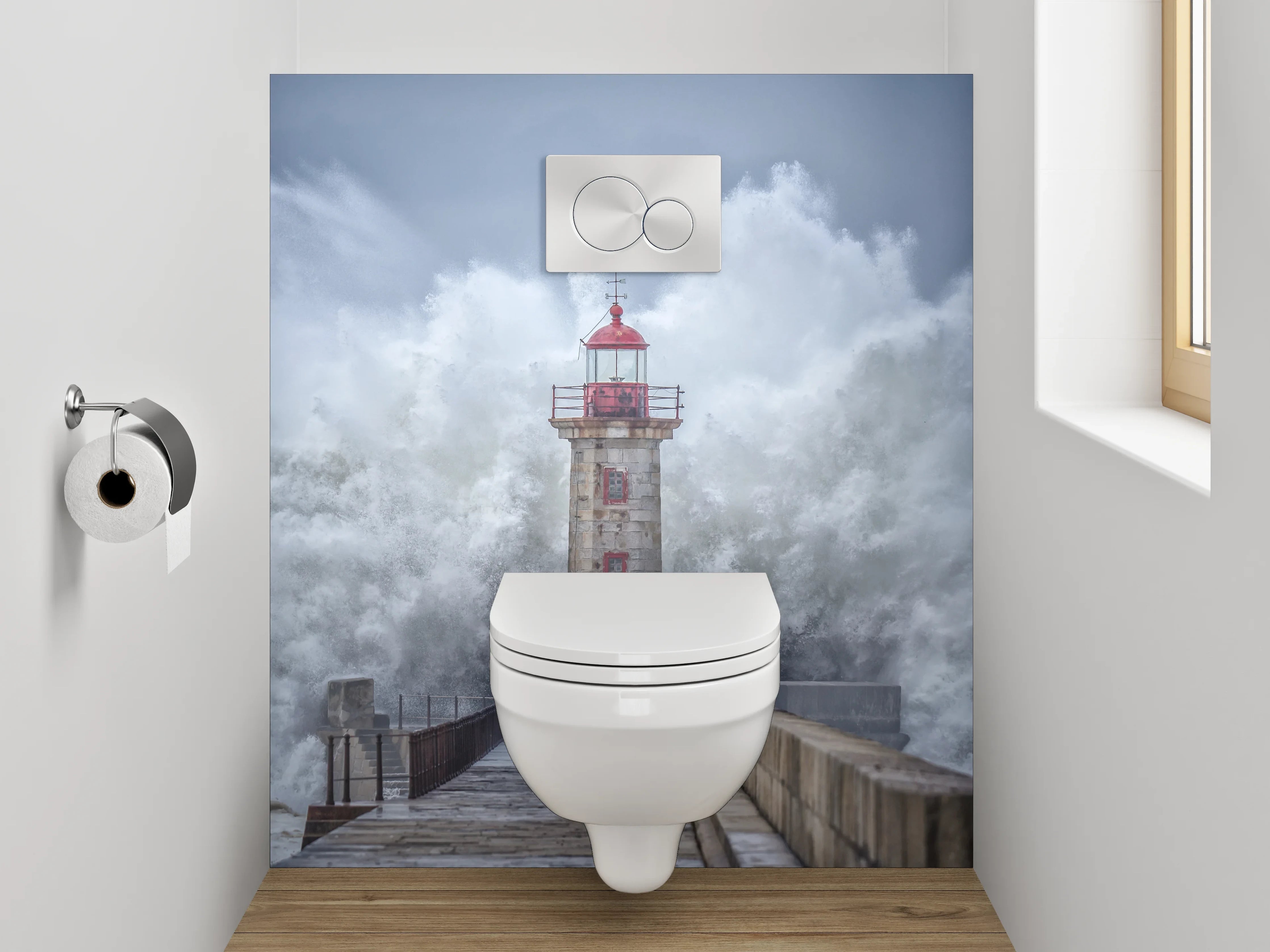 WC-Rückwand - Leuchtturm Sturmwelle Fotokunst
