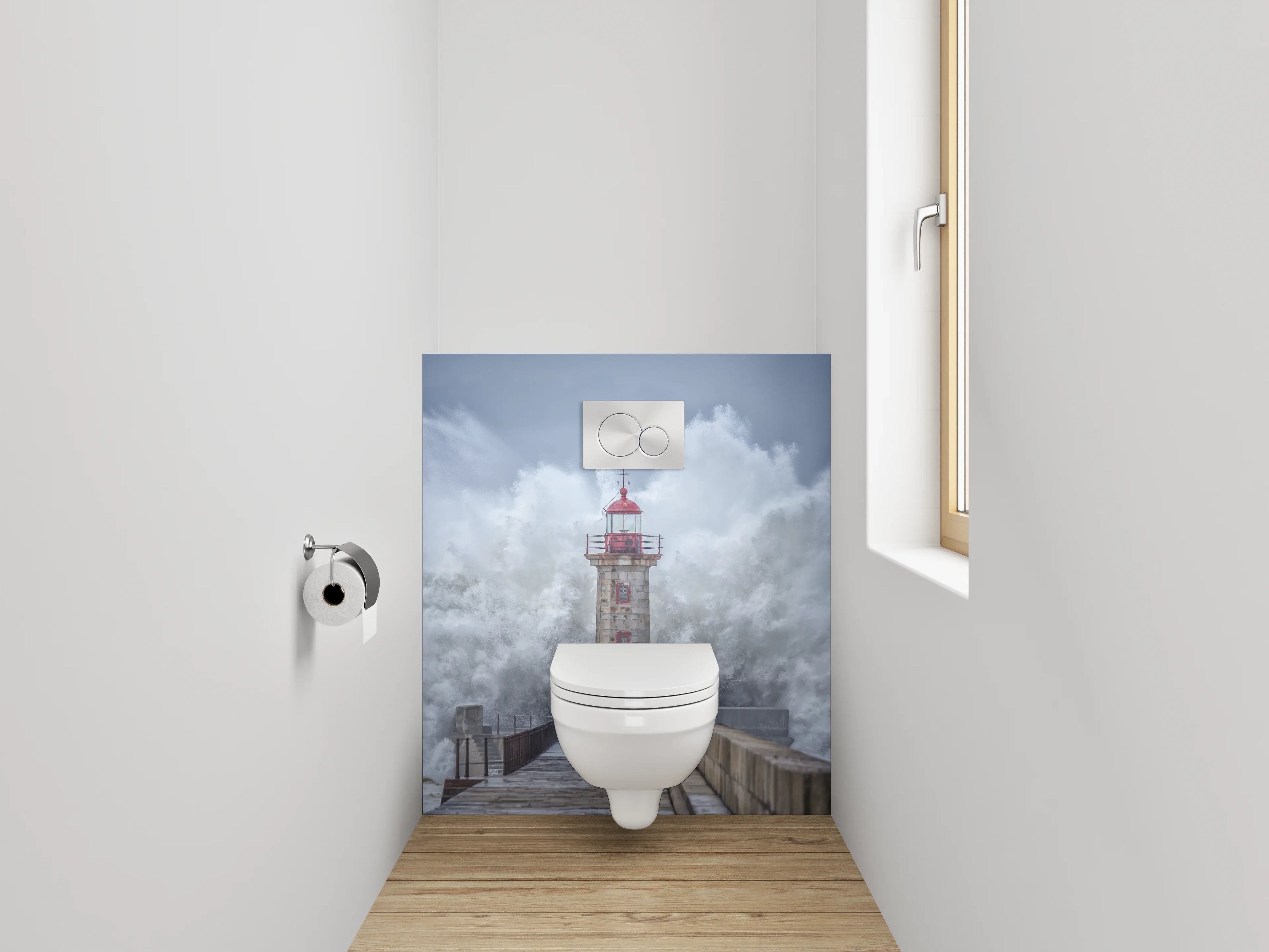 WC-Rückwand - Leuchtturm Sturmwelle Fotokunst
