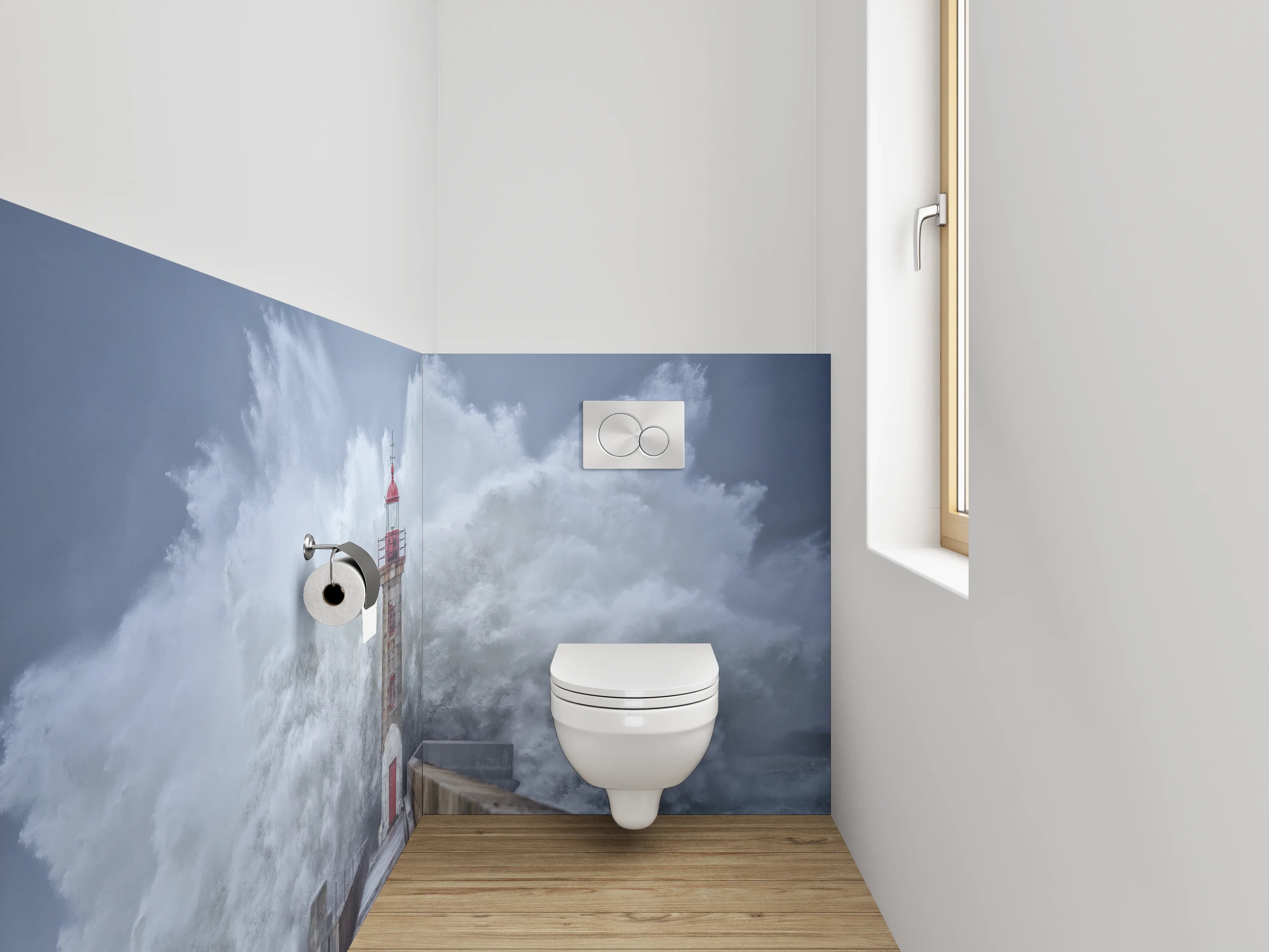 WC-Rückwand - Leuchtturm Sturmwelle Fotokunst