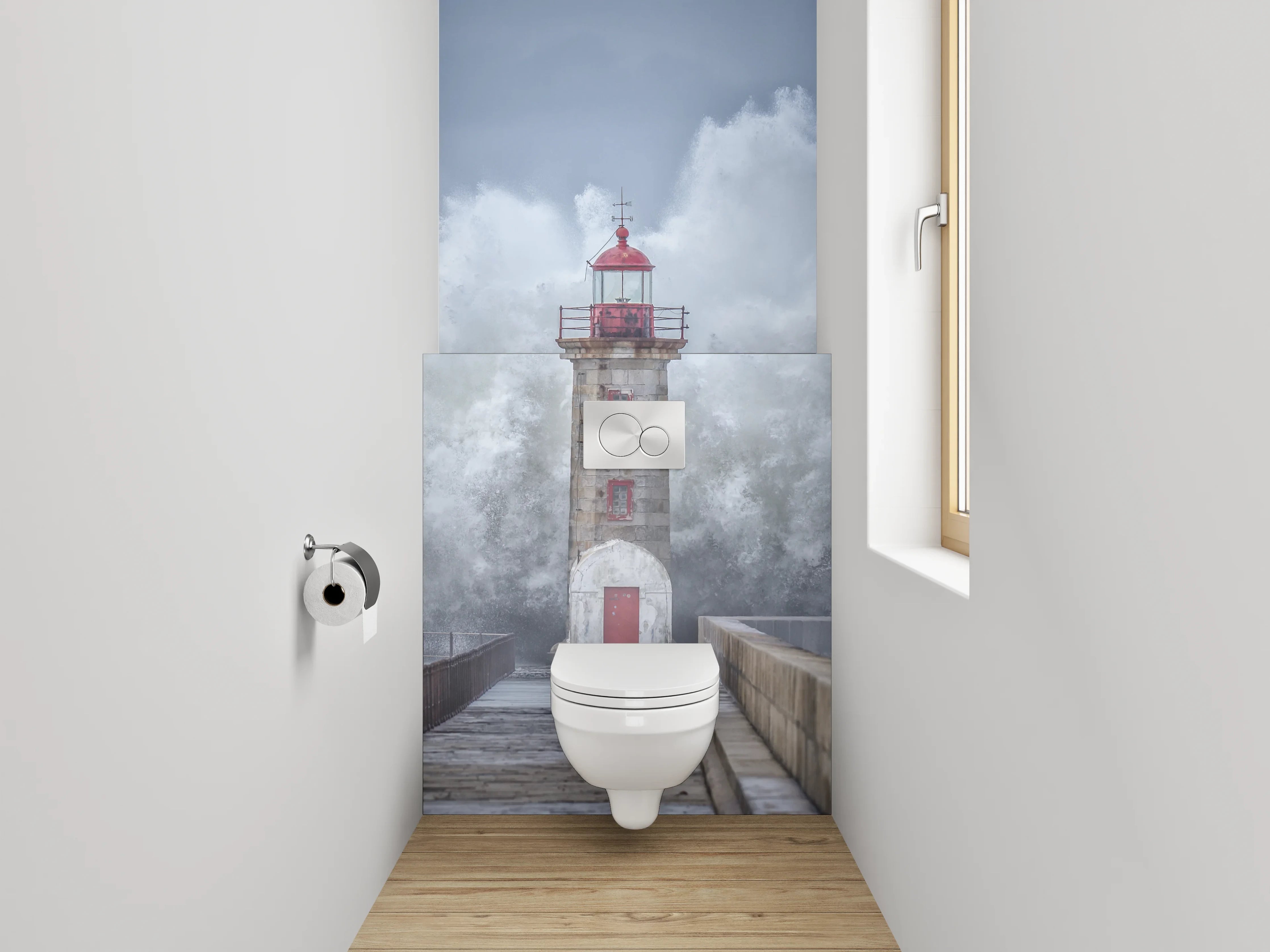 WC-Rückwand - Leuchtturm Sturmwelle Fotokunst