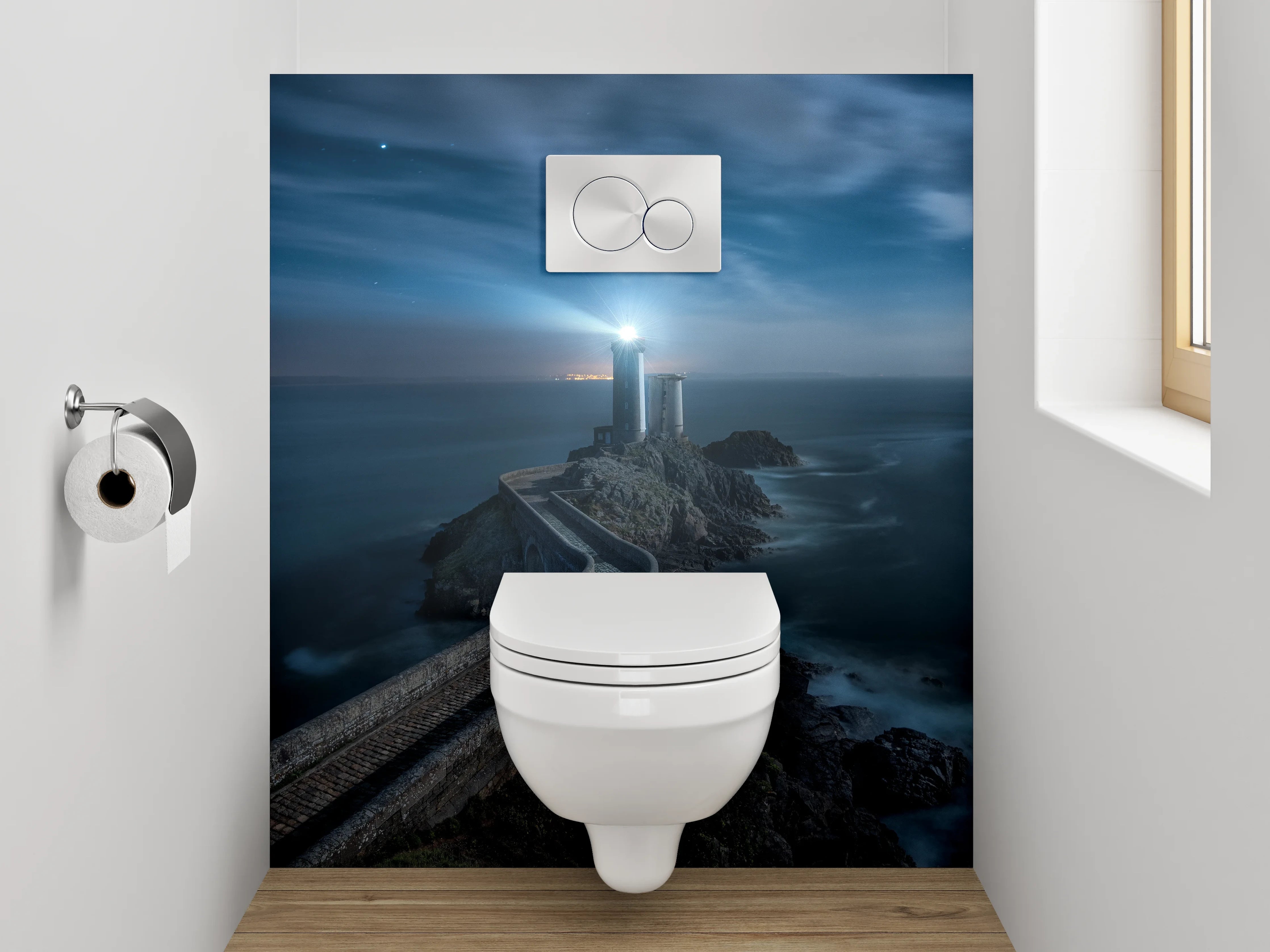 WC-Rückwand - Leuchtturm an rauer Meeresküste