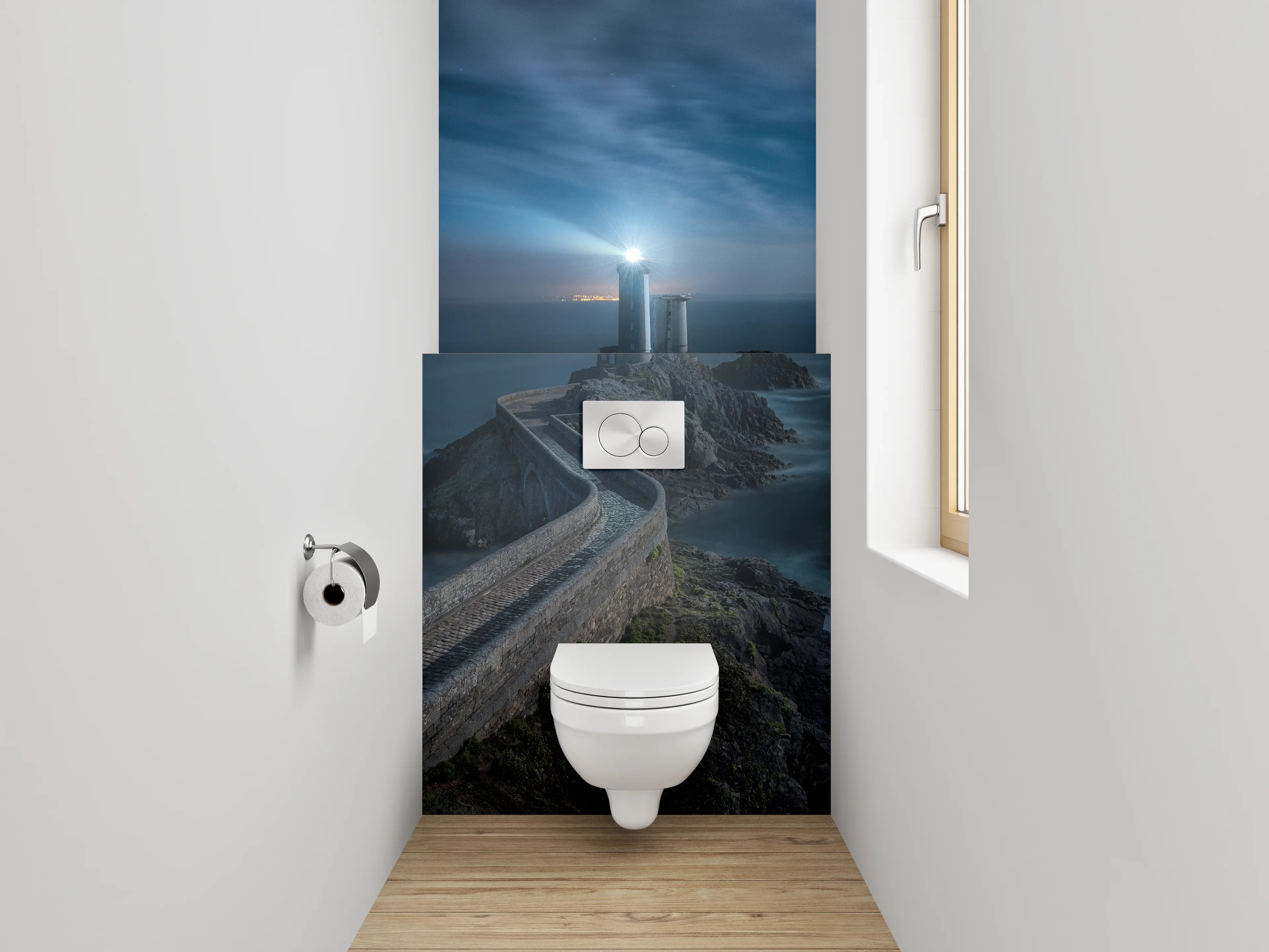 WC-Rückwand - Leuchtturm an rauer Meeresküste