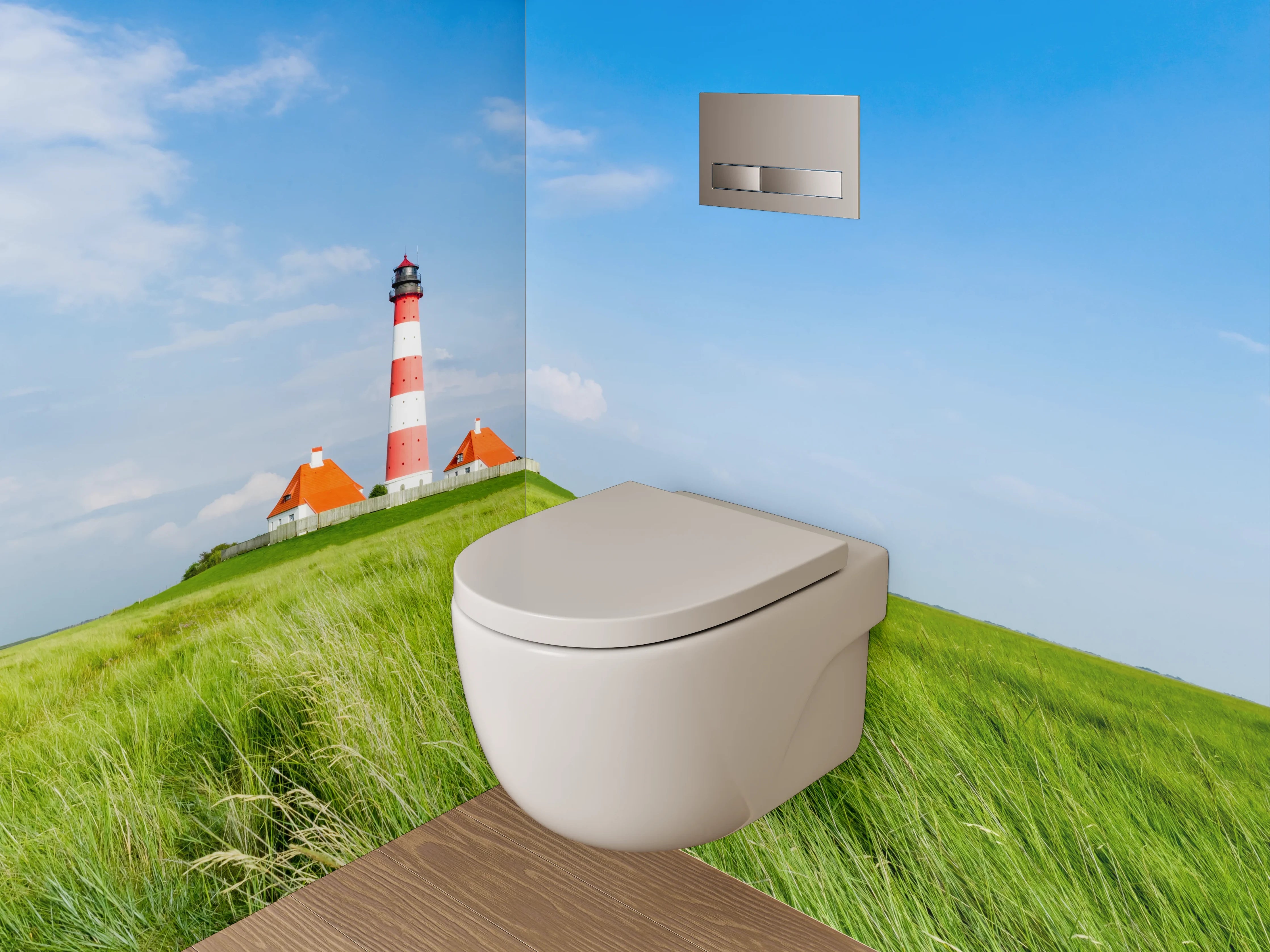 WC-Rückwand - Leuchtturm auf grüner Wiese Panorama