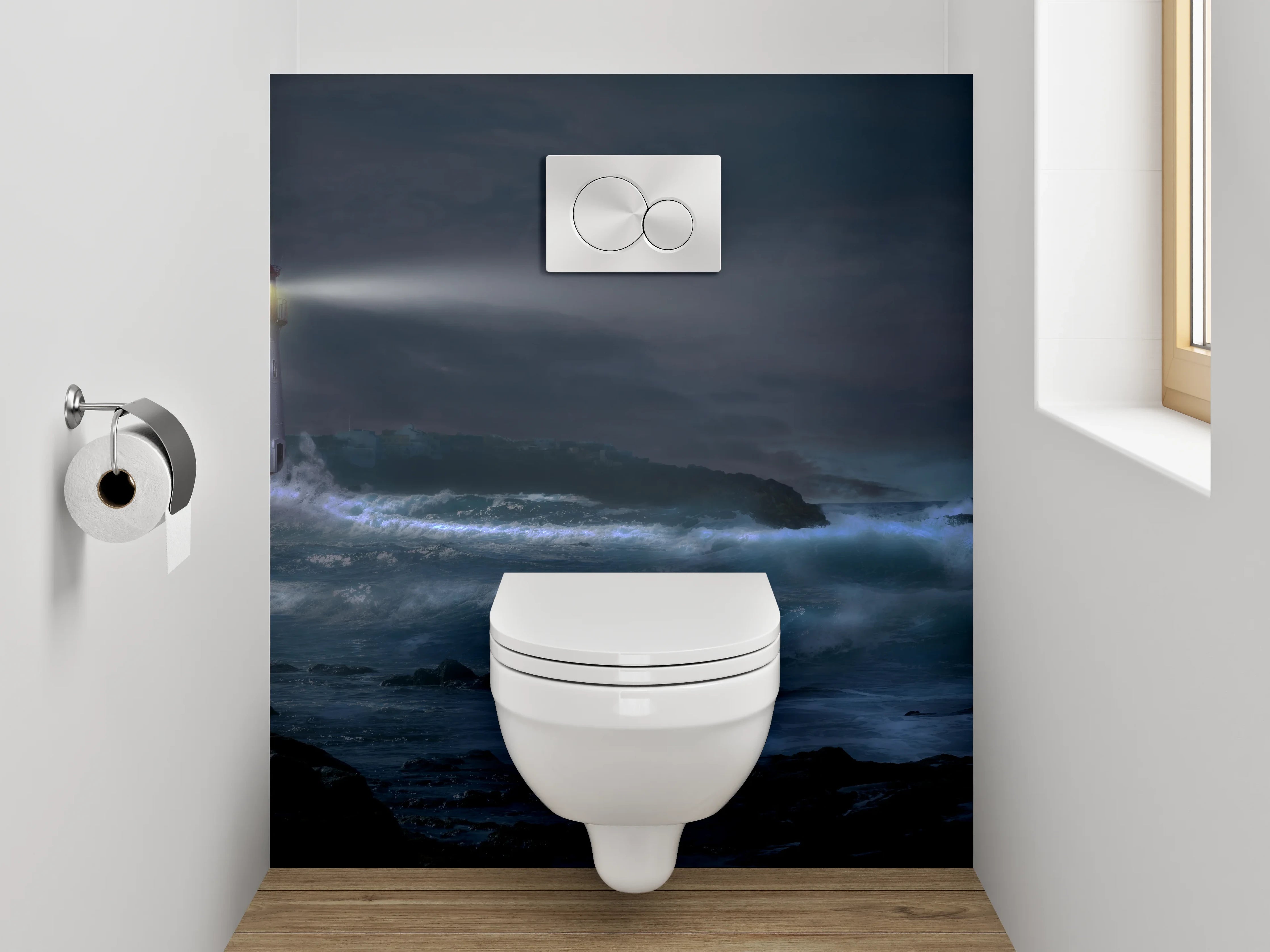 WC-Rückwand - Leuchtturm bei Nacht am stürmischen Meer