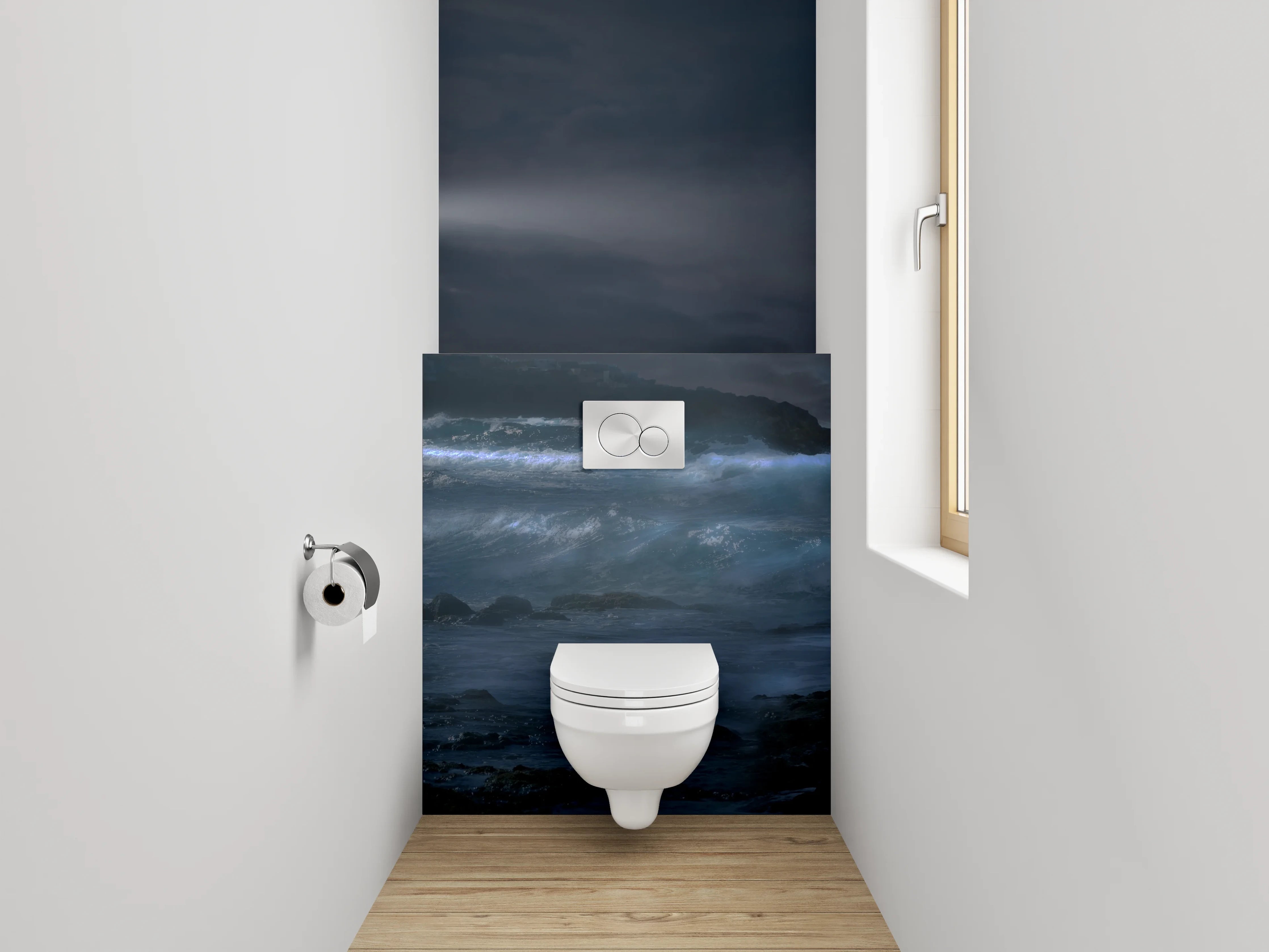 WC-Rückwand - Leuchtturm bei Nacht am stürmischen Meer