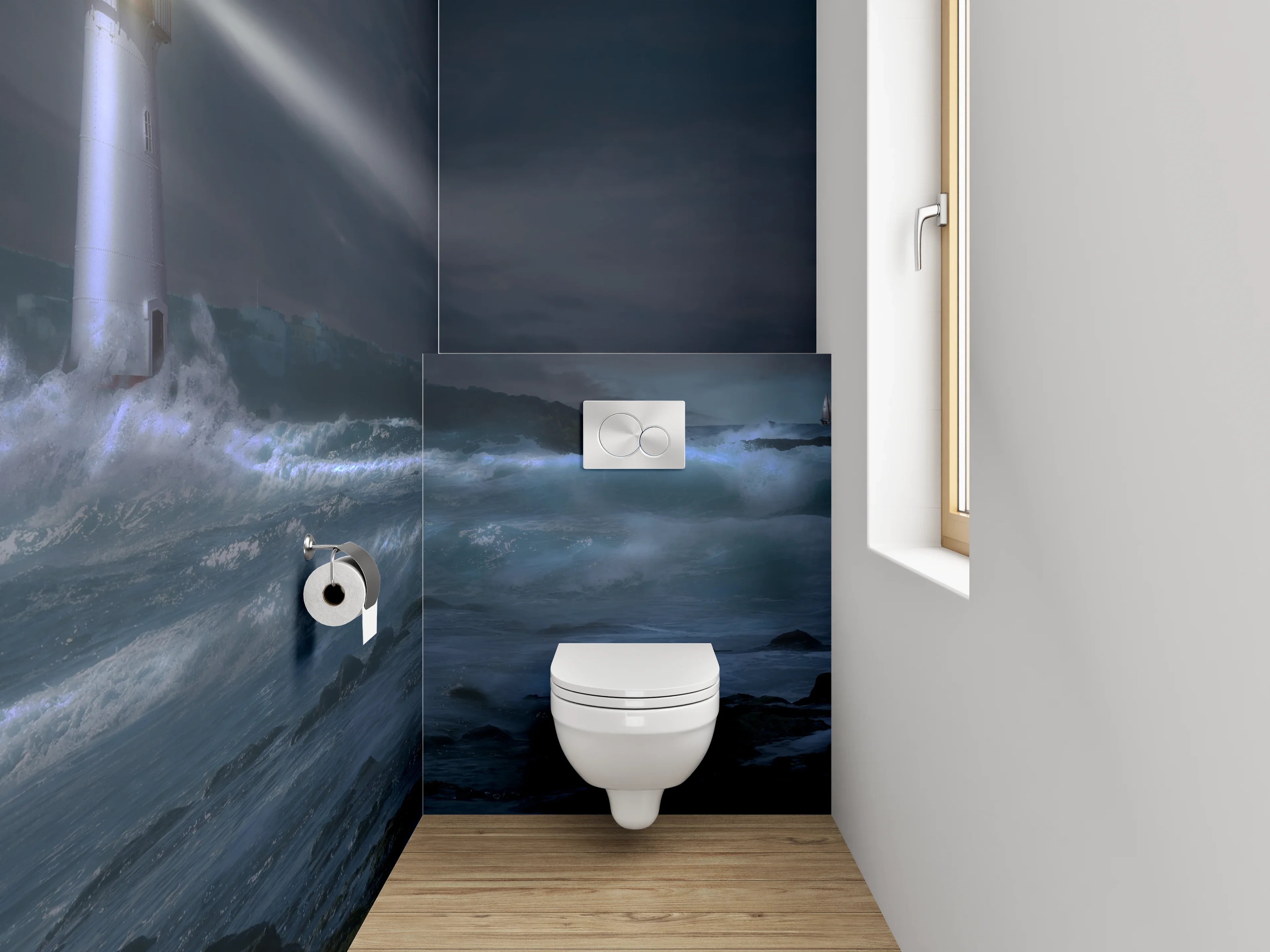 WC-Rückwand - Leuchtturm bei Nacht am stürmischen Meer