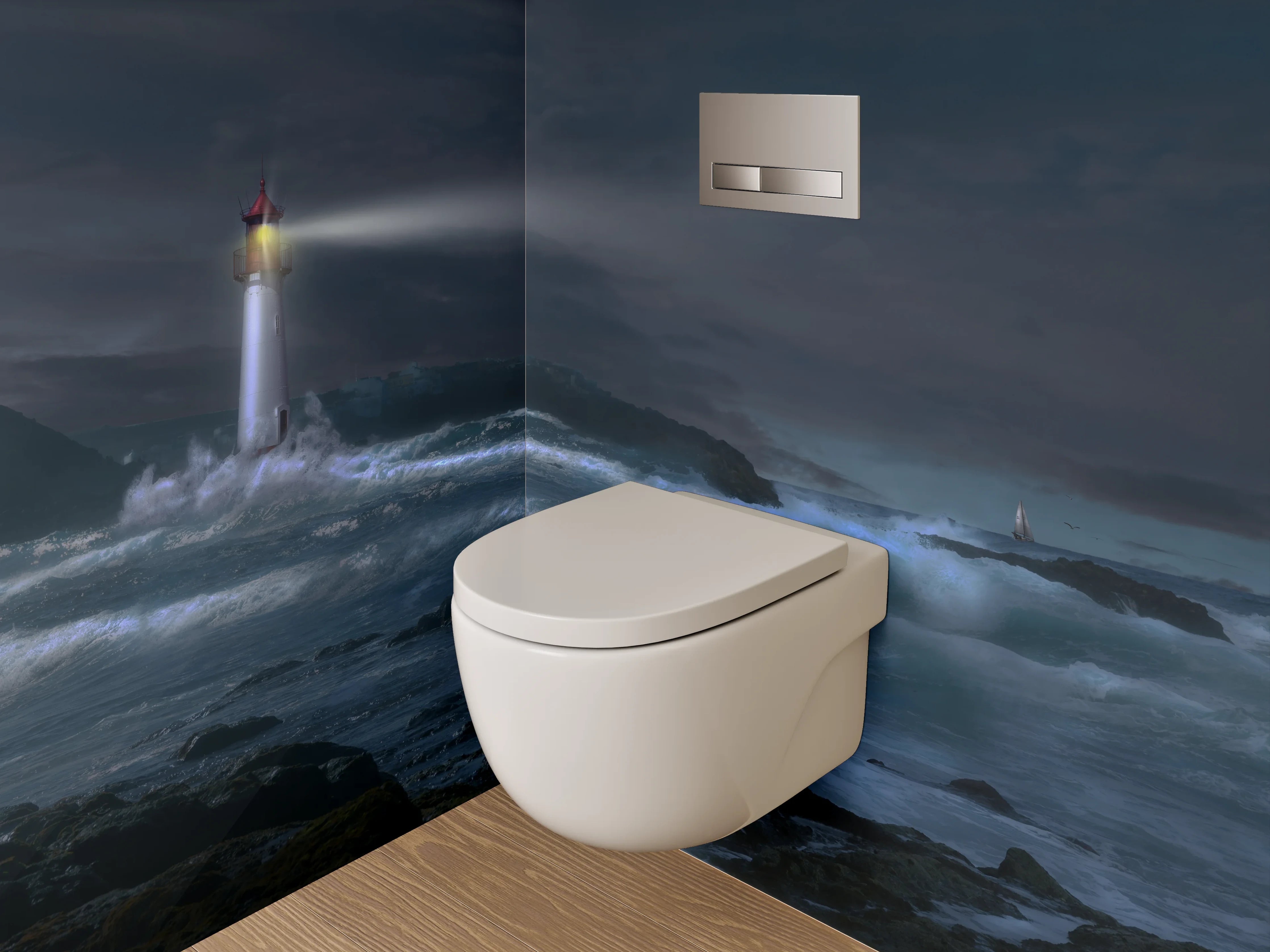 WC-Rückwand - Leuchtturm bei Nacht am stürmischen Meer