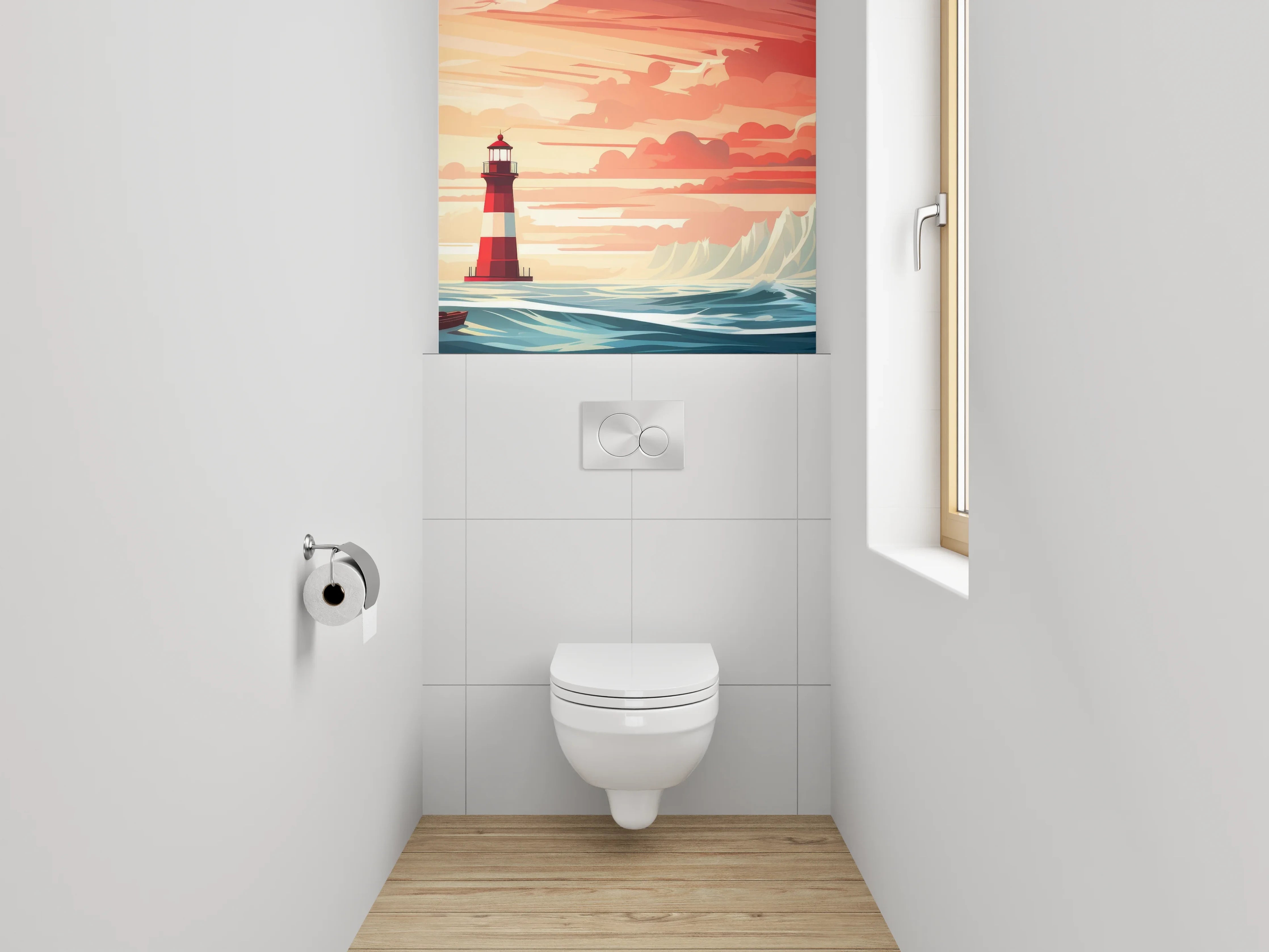WC-Rückwand - Leuchtturm bei Sonnenuntergang Illustration