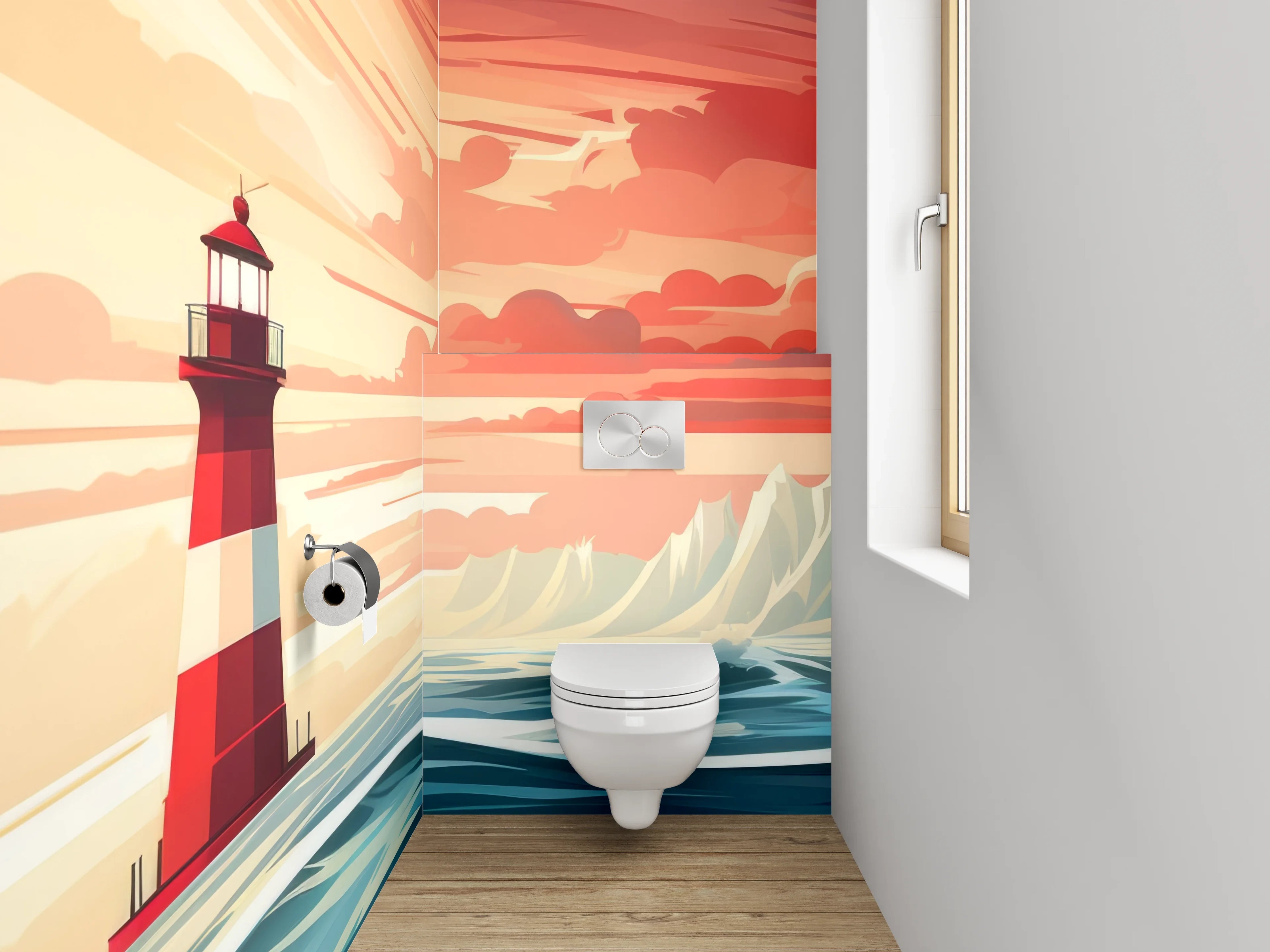 WC-Rückwand - Leuchtturm bei Sonnenuntergang Illustration