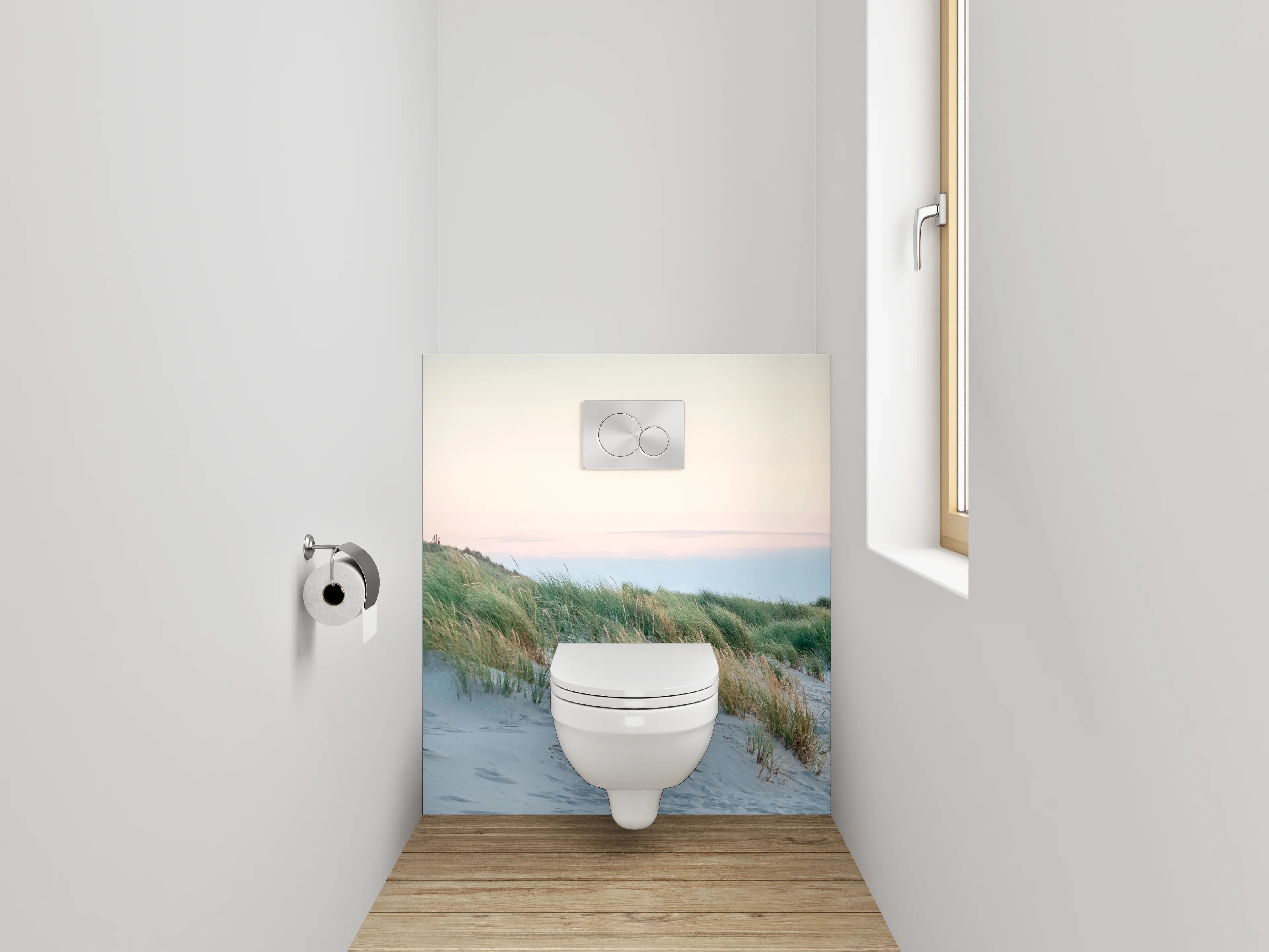 WC-Rückwand - Leuchtturm hinter Dünen am Meer