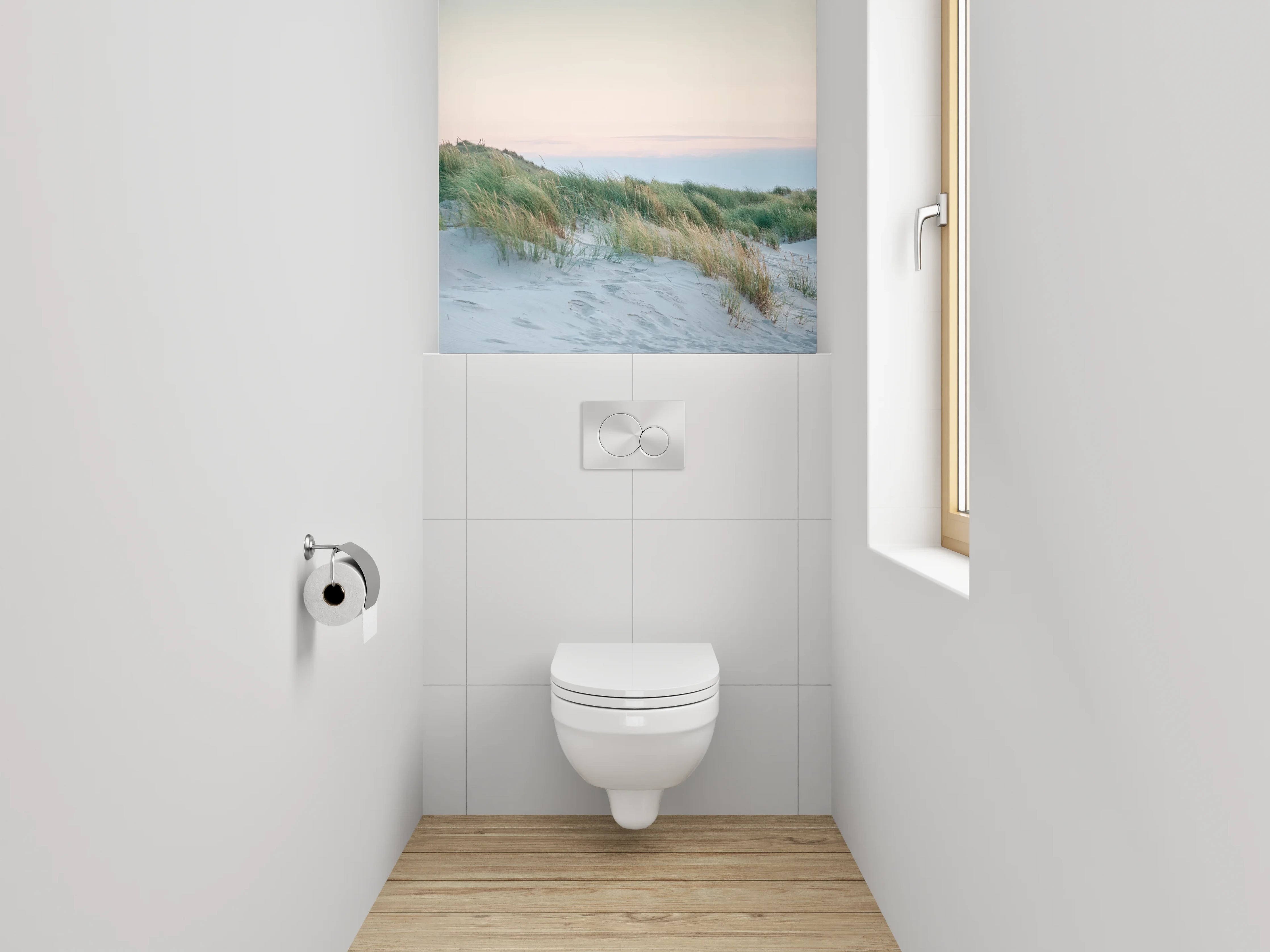WC-Rückwand - Leuchtturm hinter Dünen am Meer