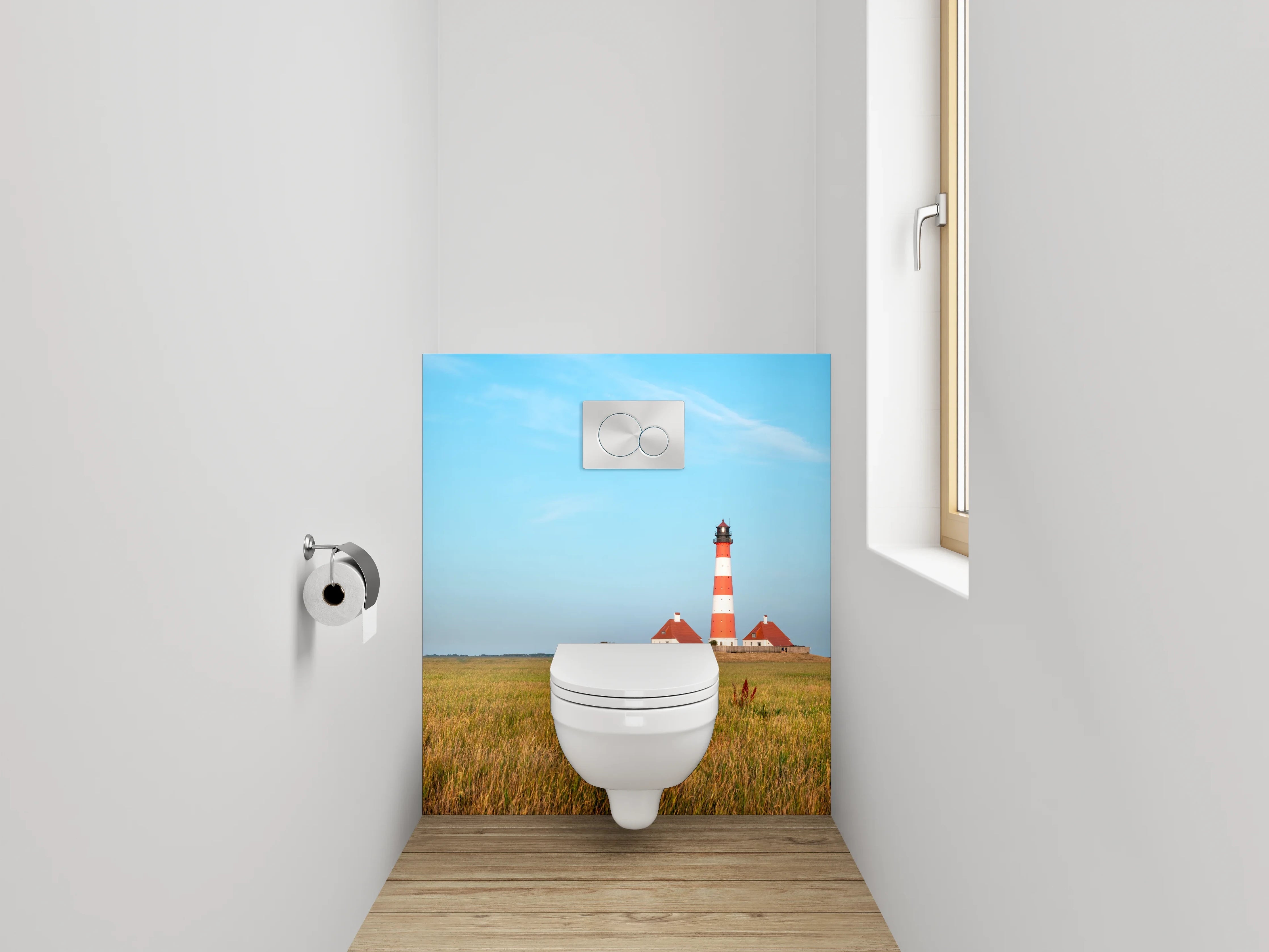 WC-Rückwand - Leuchtturm in Norddeutscher Küstenlandschaft