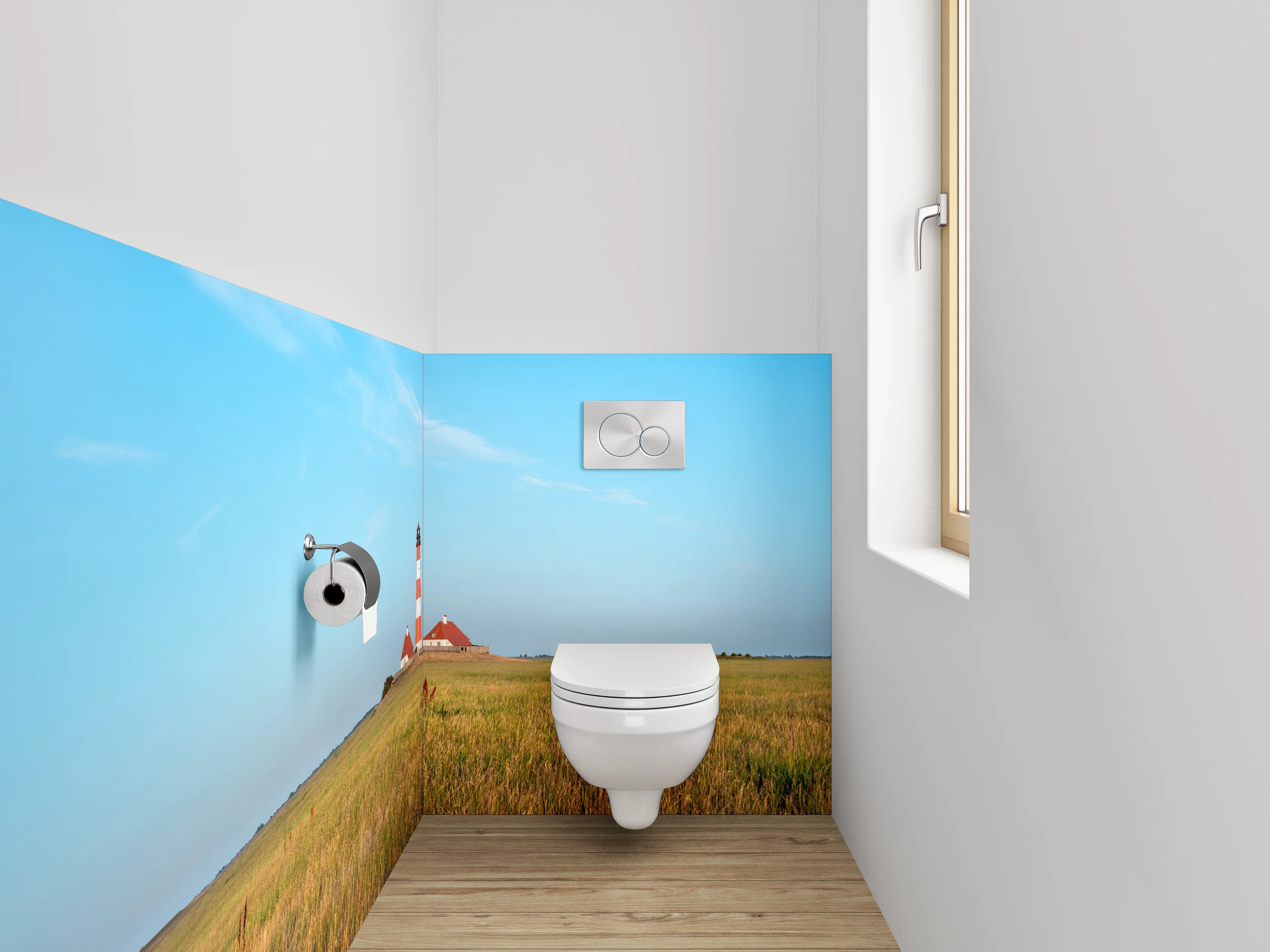 WC-Rückwand - Leuchtturm in Norddeutscher Küstenlandschaft