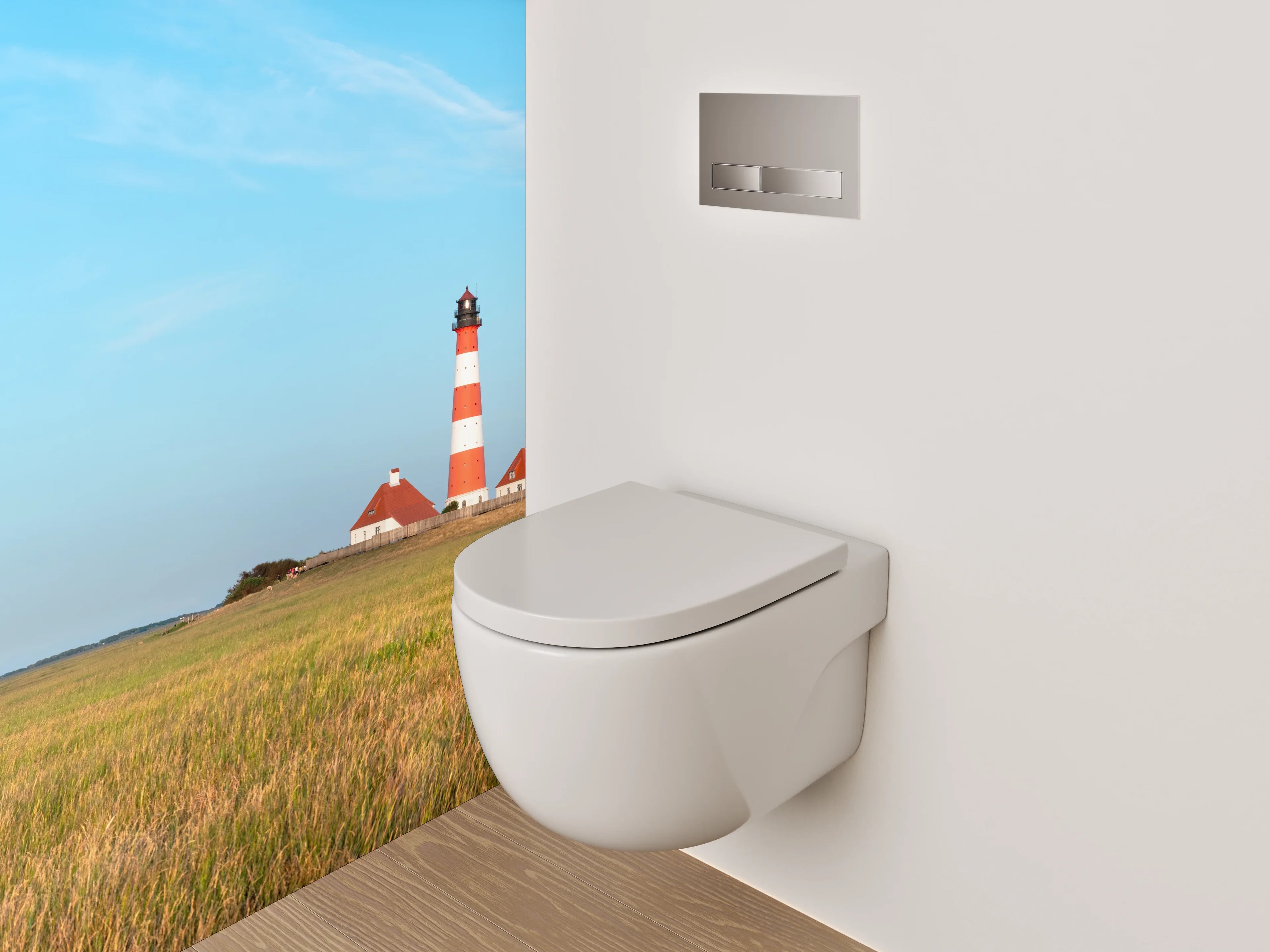 WC-Rückwand - Leuchtturm in Norddeutscher Küstenlandschaft
