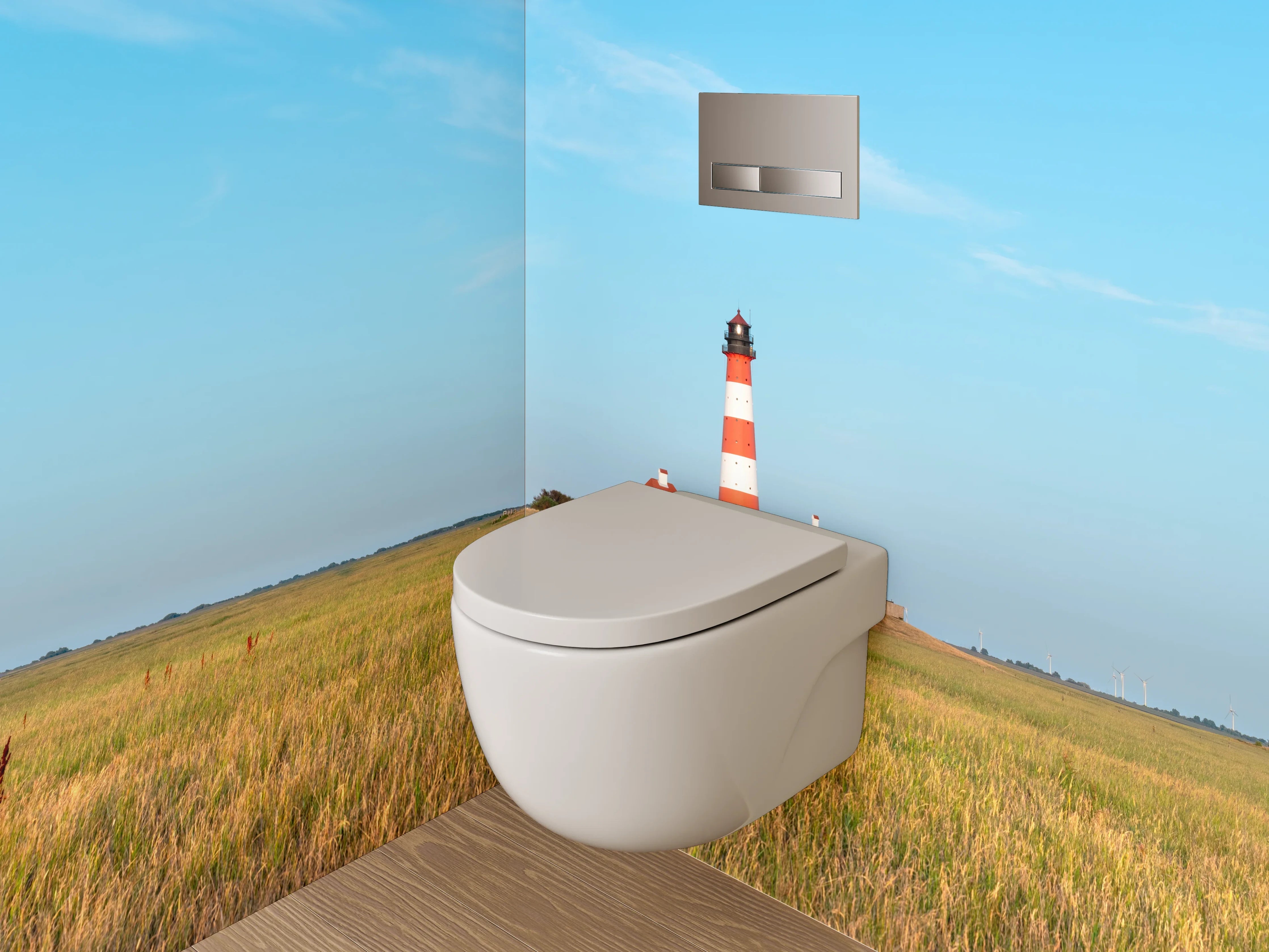 WC-Rückwand - Leuchtturm in Norddeutscher Küstenlandschaft
