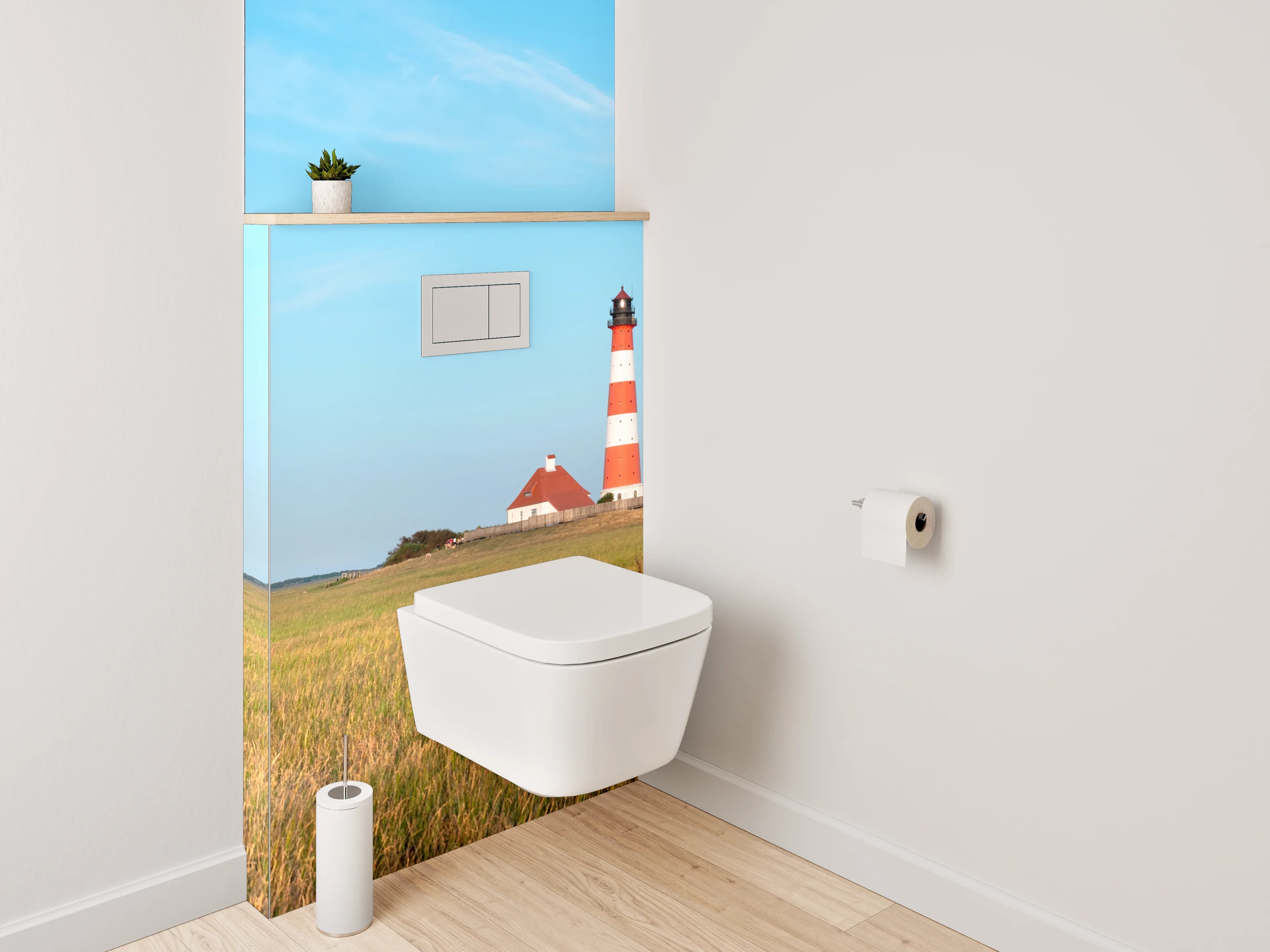 WC-Rückwand - Leuchtturm in Norddeutscher Küstenlandschaft