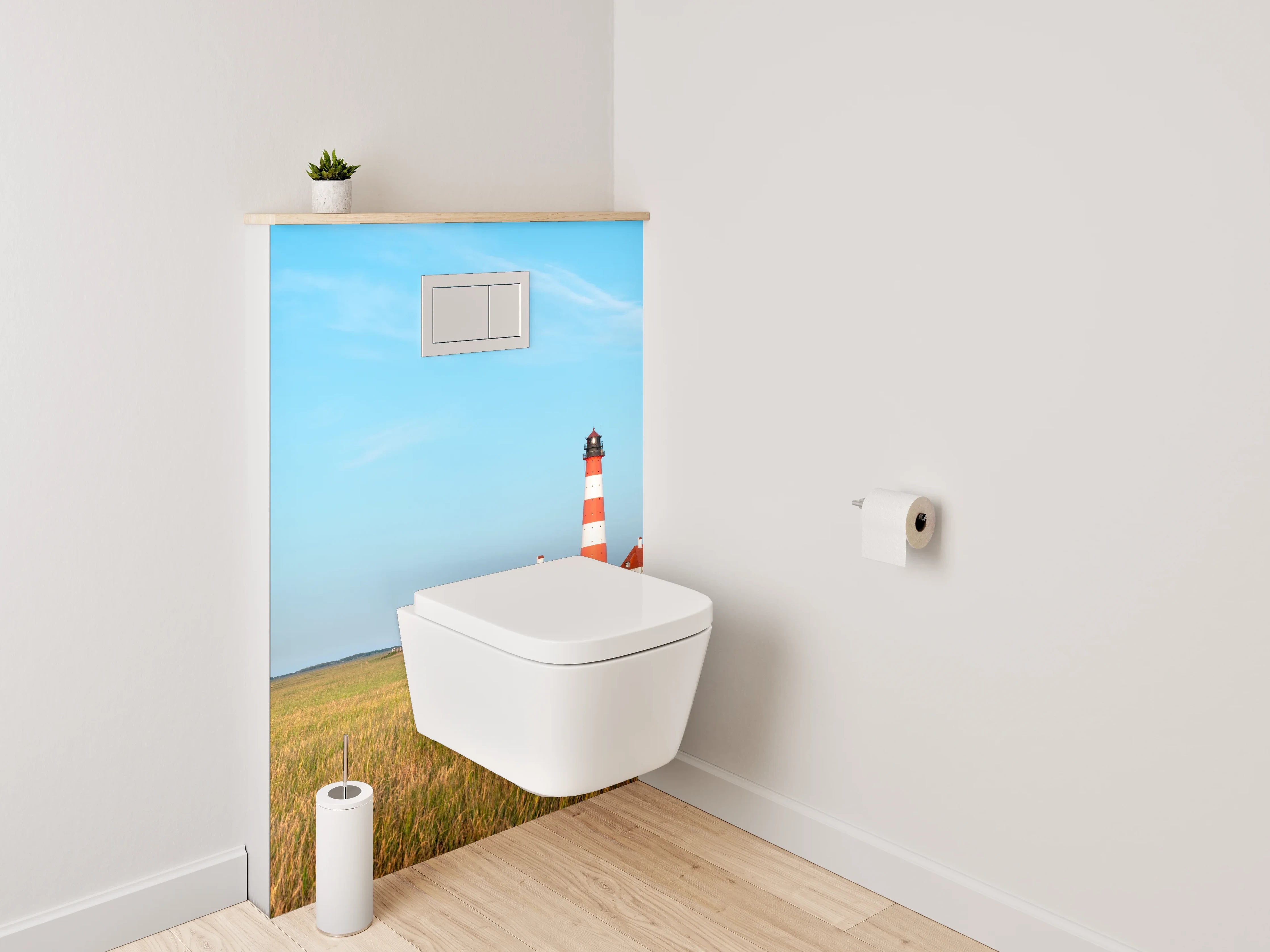 WC-Rückwand - Leuchtturm in Norddeutscher Küstenlandschaft
