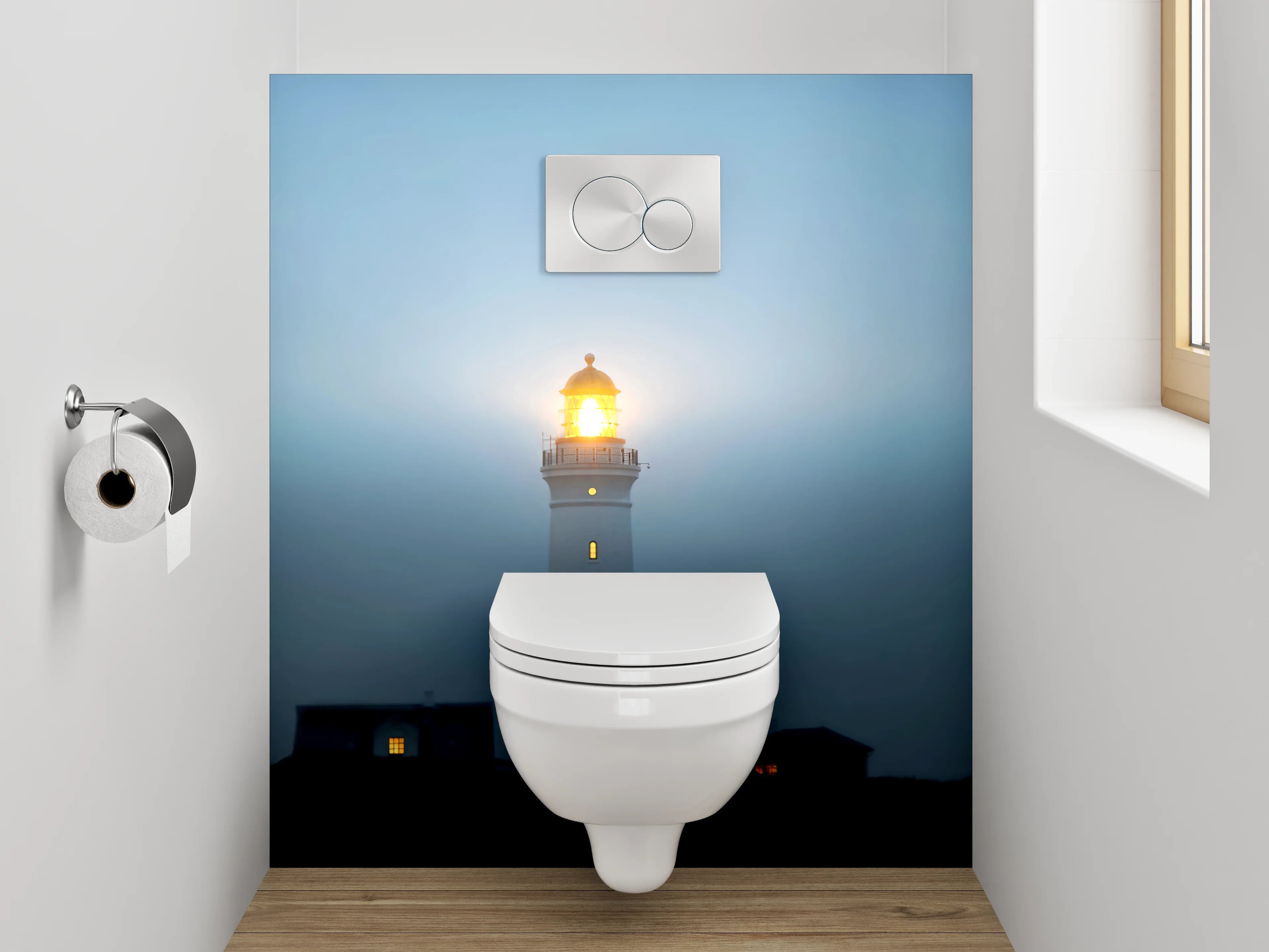 WC-Rückwand - Leuchtturm in nächtlicher Küstenlandschaft