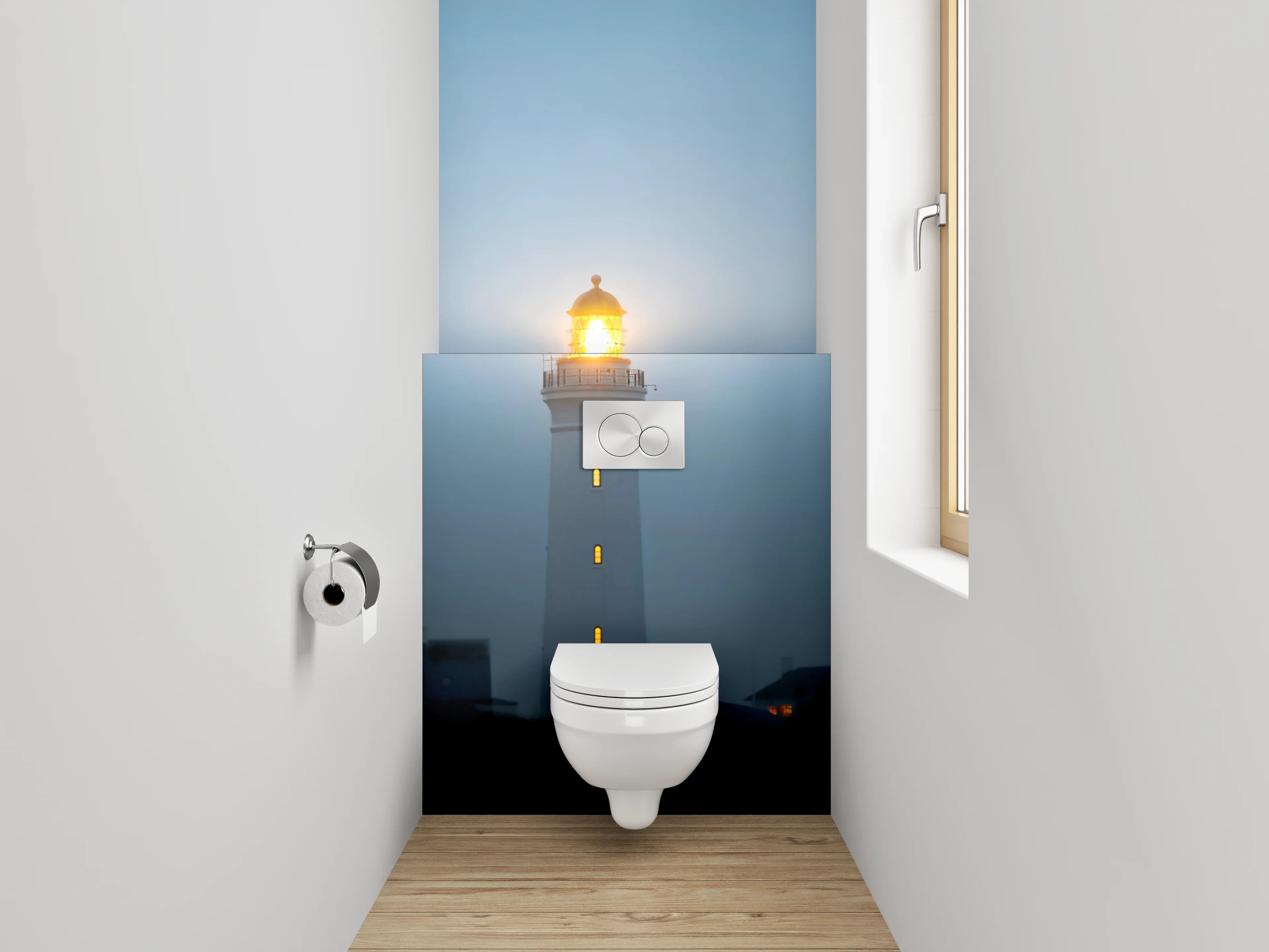 WC-Rückwand - Leuchtturm in nächtlicher Küstenlandschaft