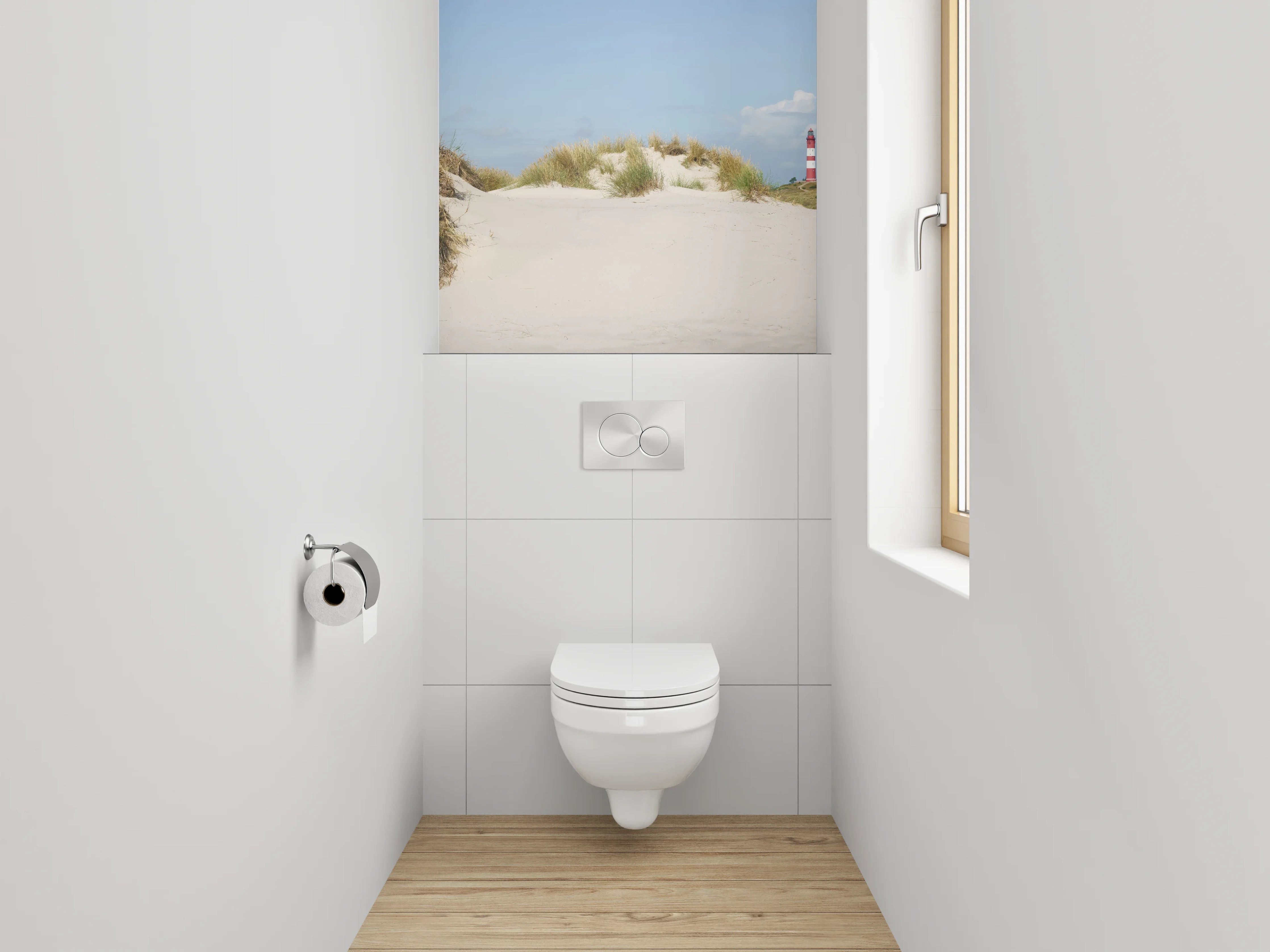 WC-Rückwand - Leuchtturm und Dünen am Sandstrand