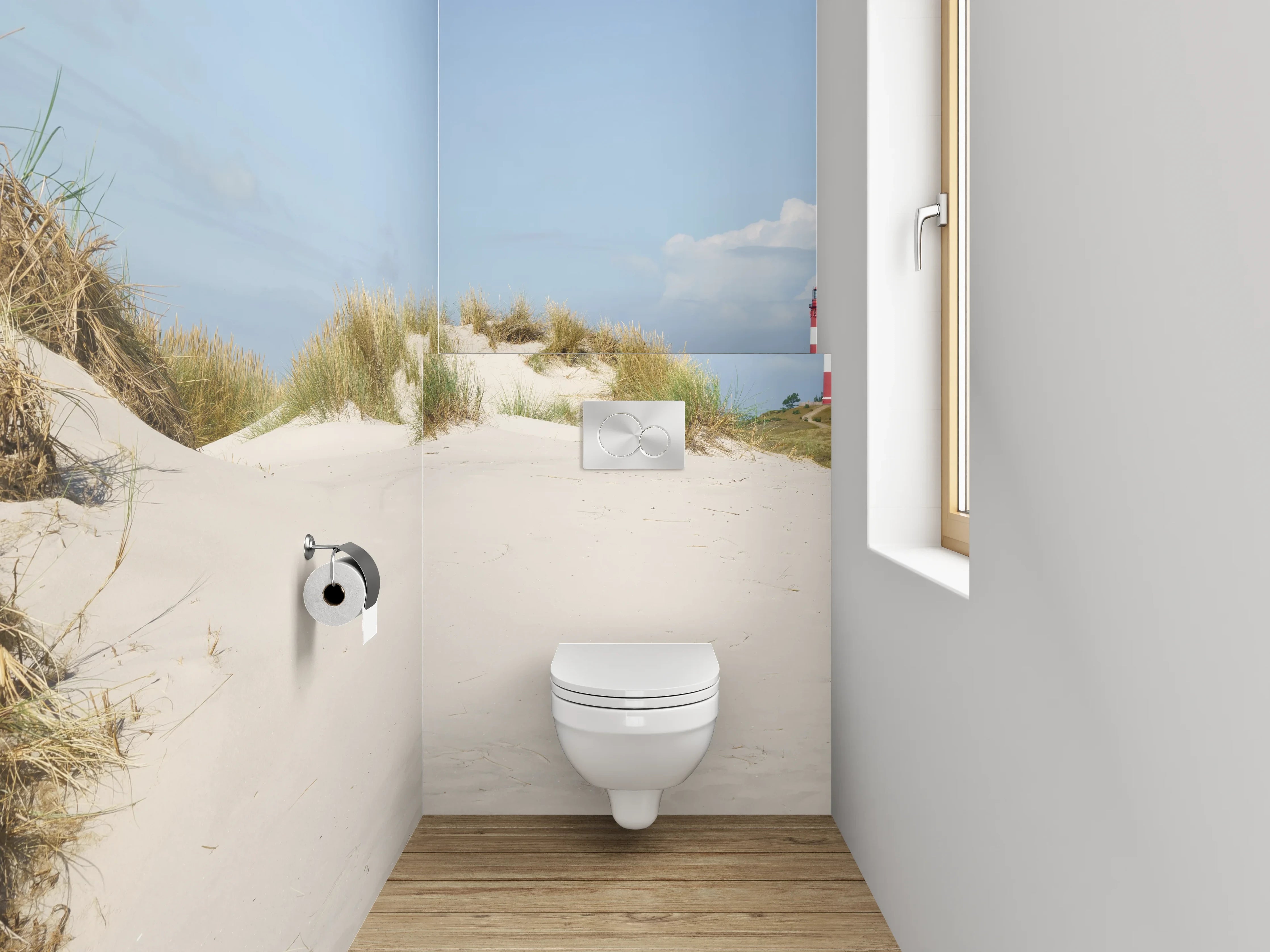 WC-Rückwand - Leuchtturm und Dünen am Sandstrand
