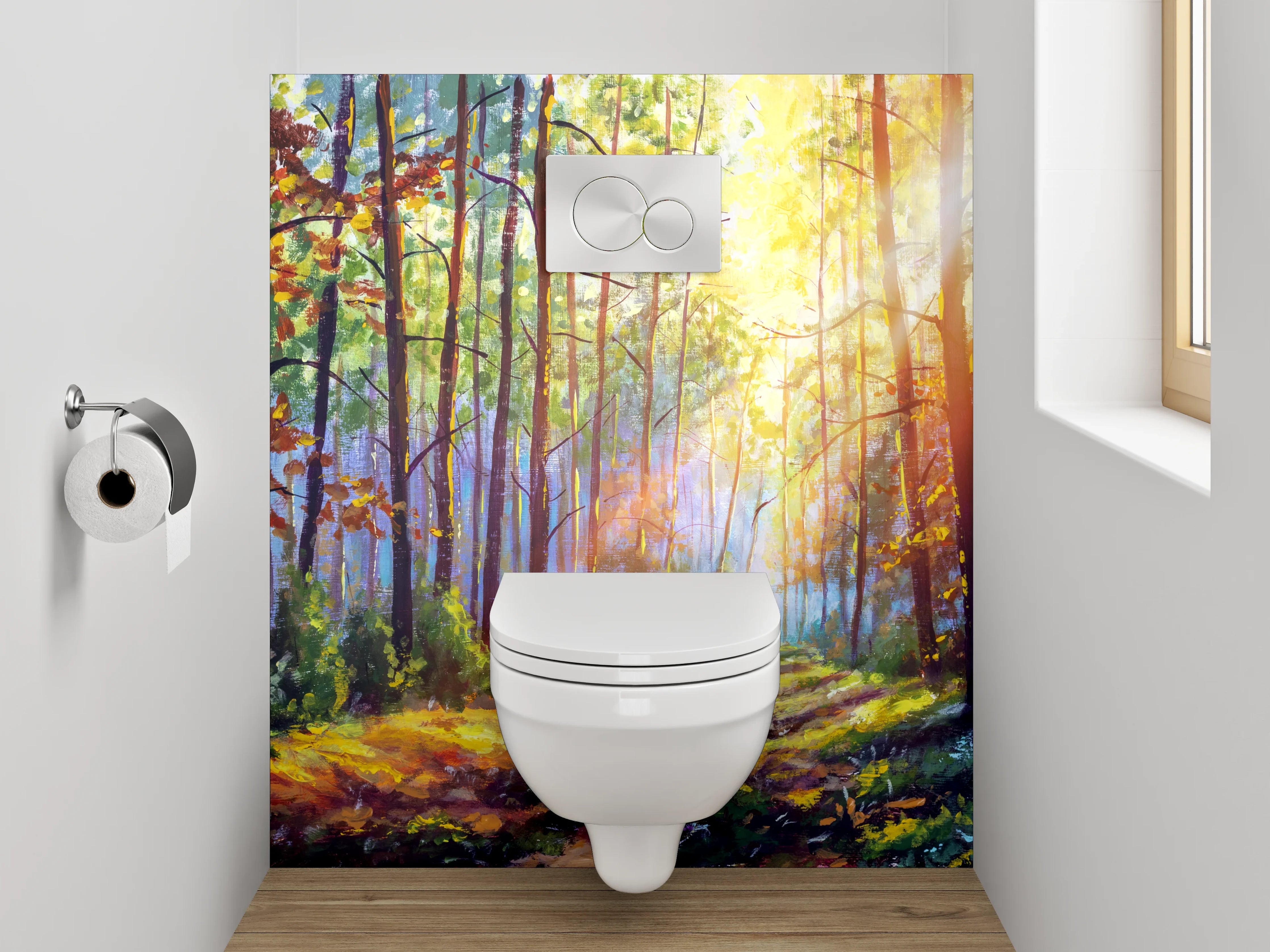 WC-Rückwand - Lichtdurchfluteter Waldweg Malerei Landschaft