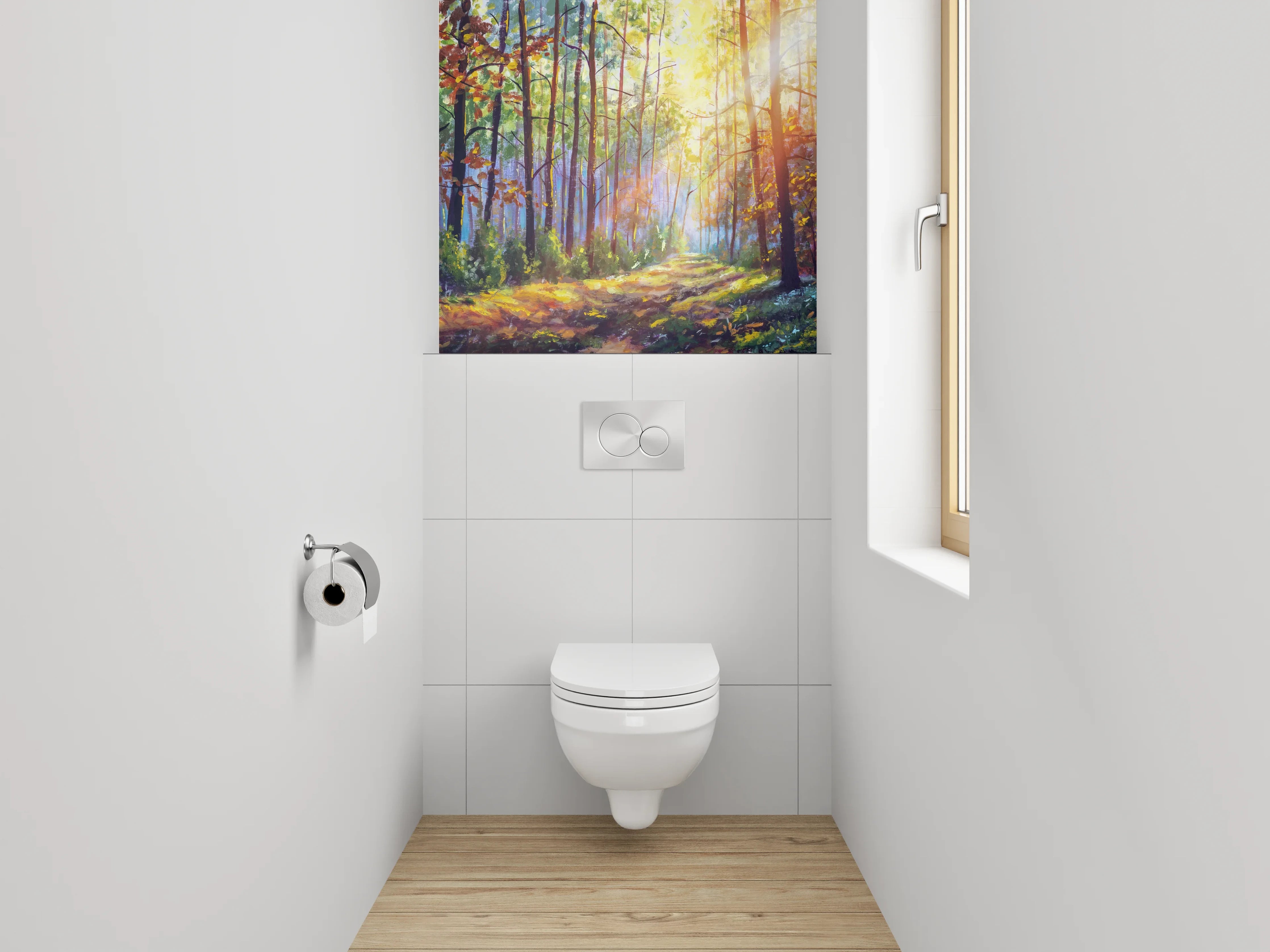 WC-Rückwand - Lichtdurchfluteter Waldweg Malerei Landschaft