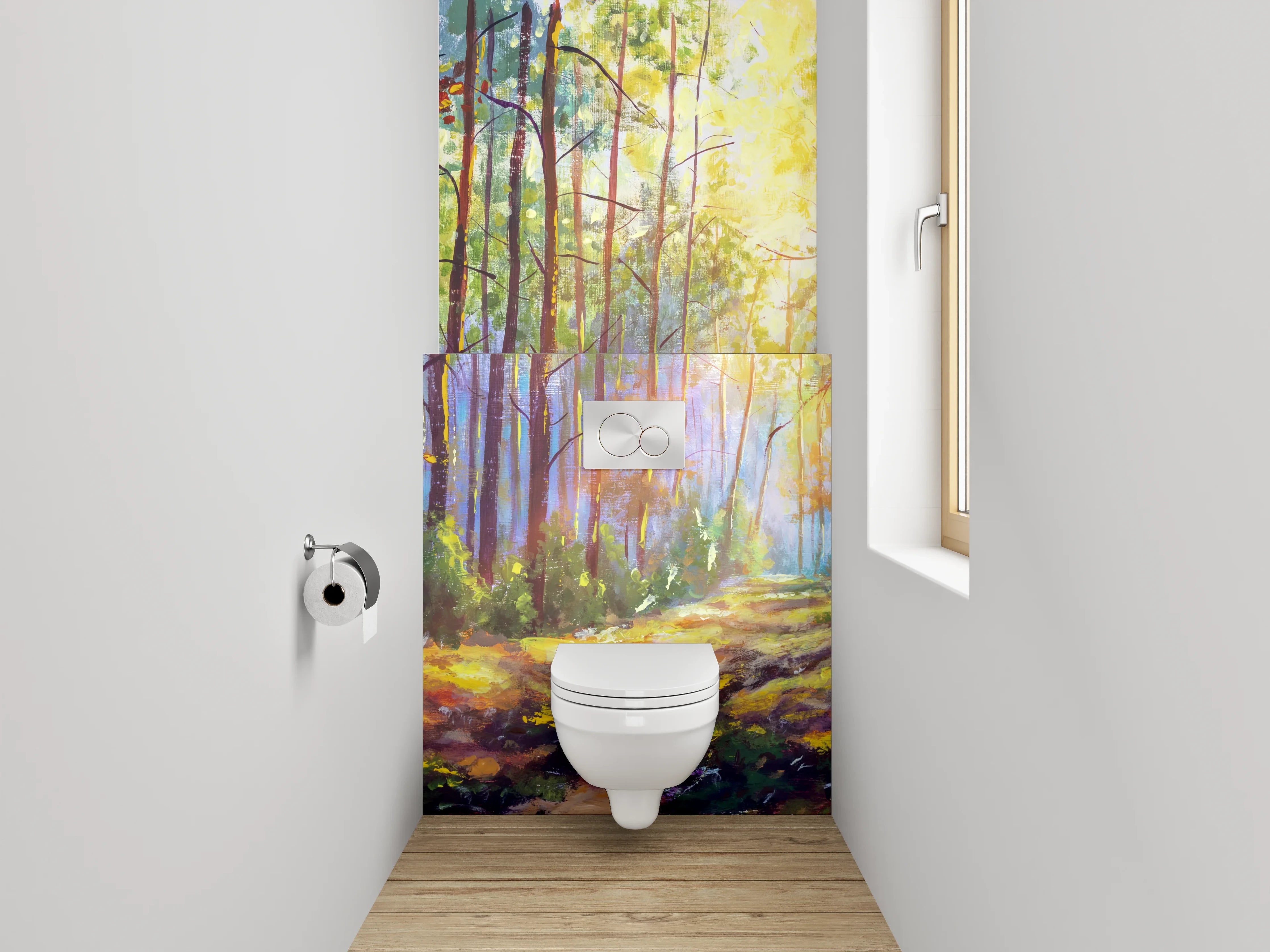 WC-Rückwand - Lichtdurchfluteter Waldweg Malerei Landschaft