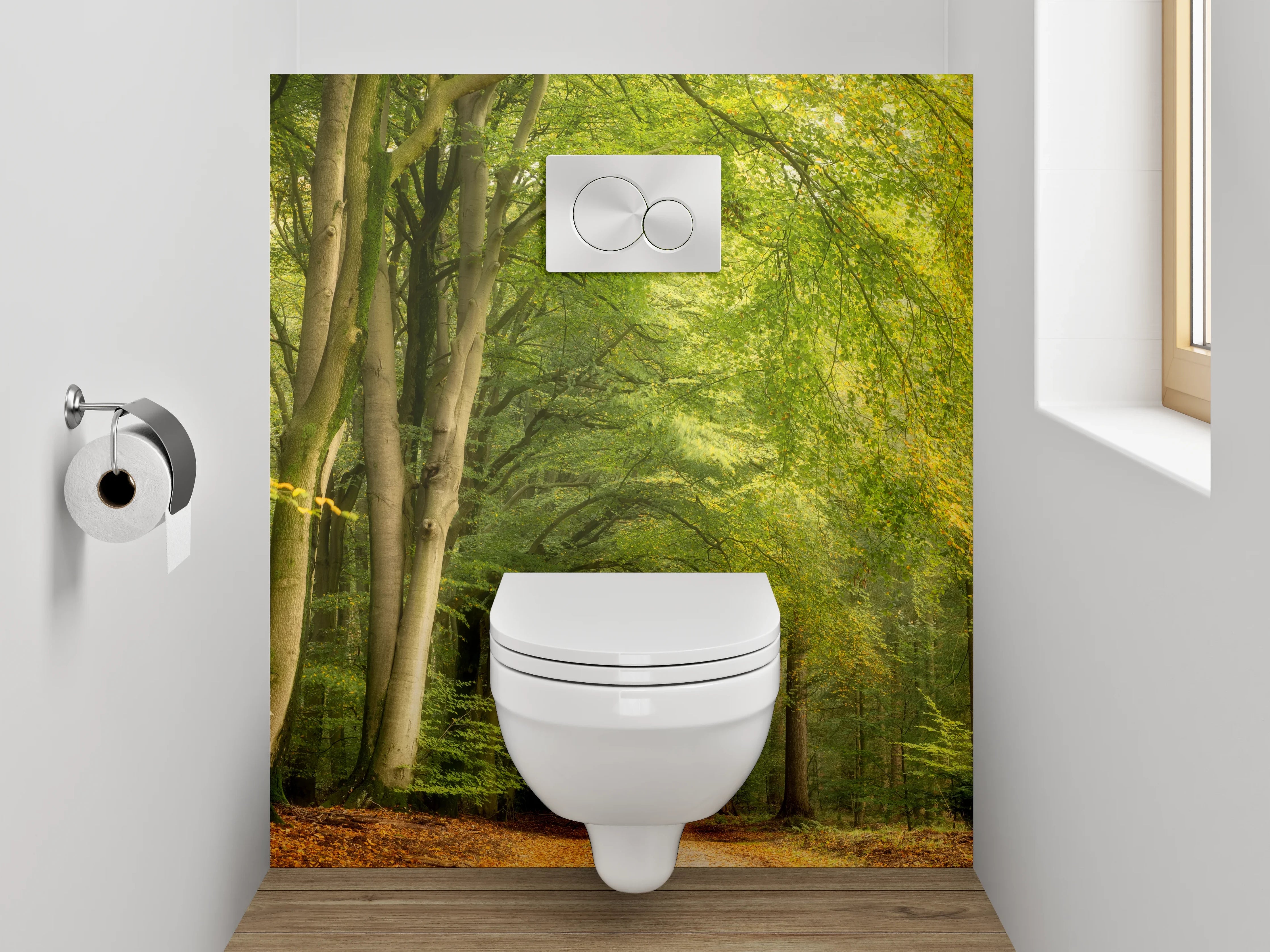 WC-Rückwand - Lichtdurchfluteter Waldweg Naturfoto