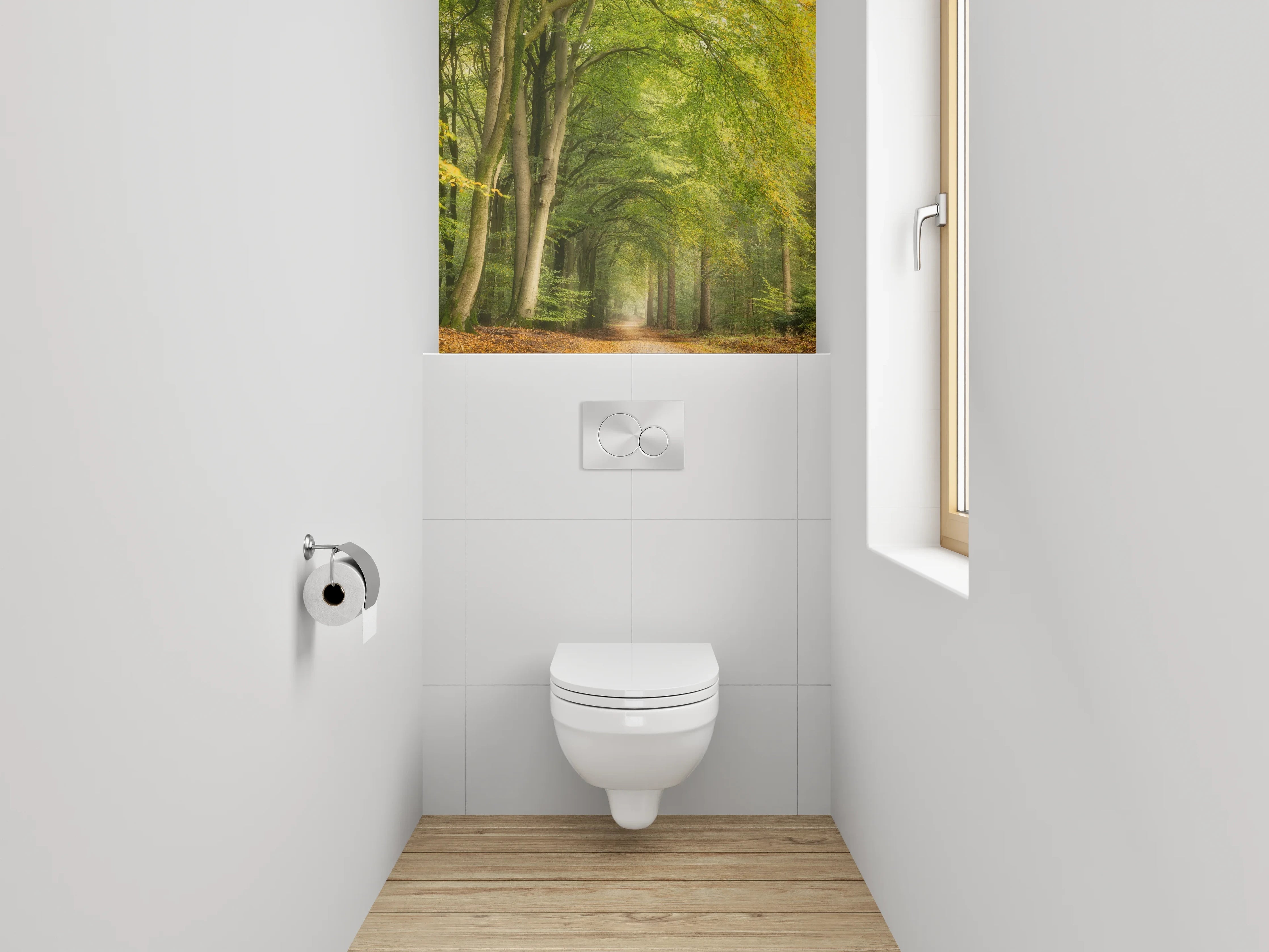 WC-Rückwand - Lichtdurchfluteter Waldweg Naturfoto