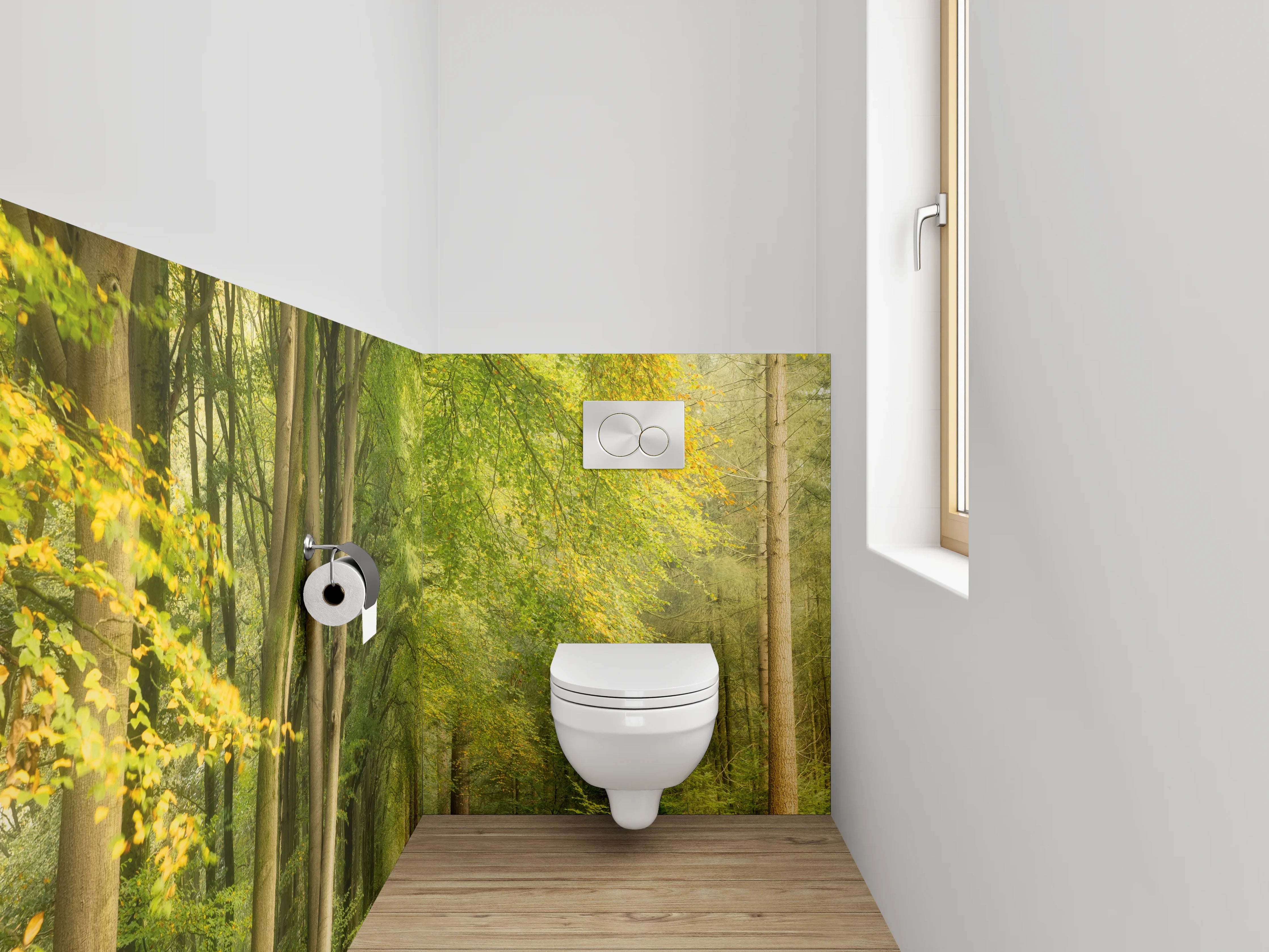 WC-Rückwand - Lichtdurchfluteter Waldweg Naturfoto