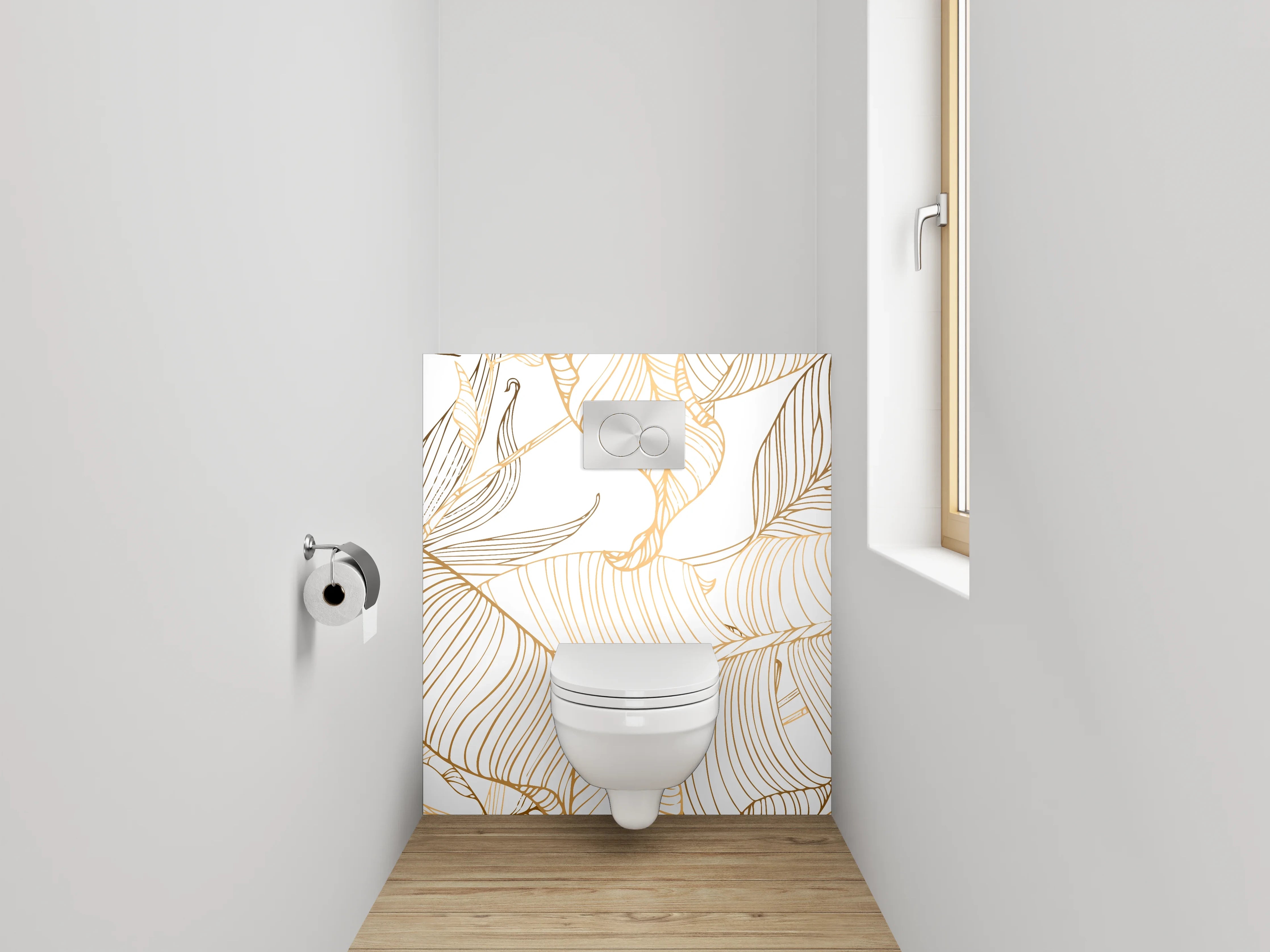 WC-Rückwand - Lineart Blätter Minimalistisch Gold Weiß