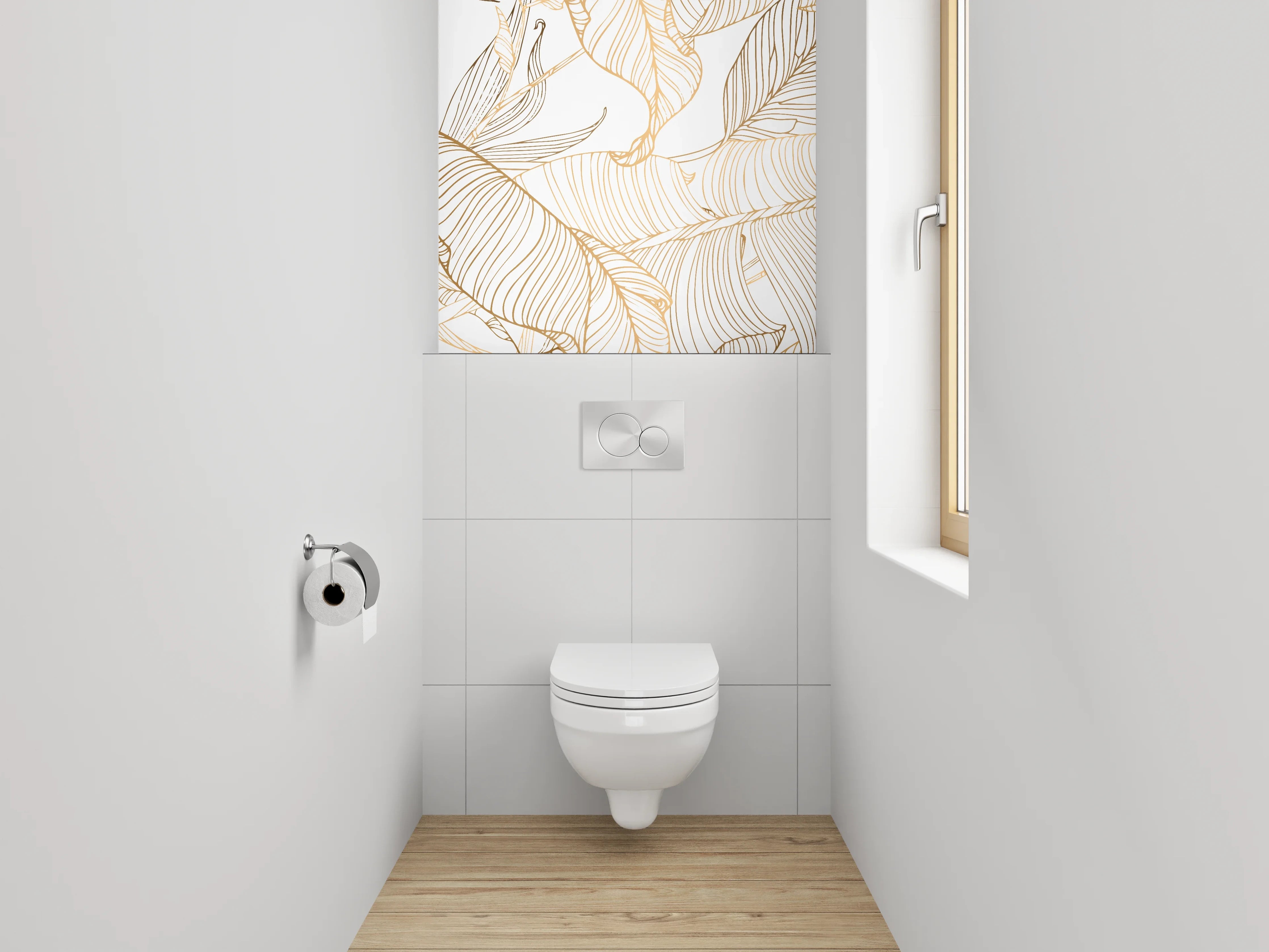 WC-Rückwand - Lineart Blätter Minimalistisch Gold Weiß