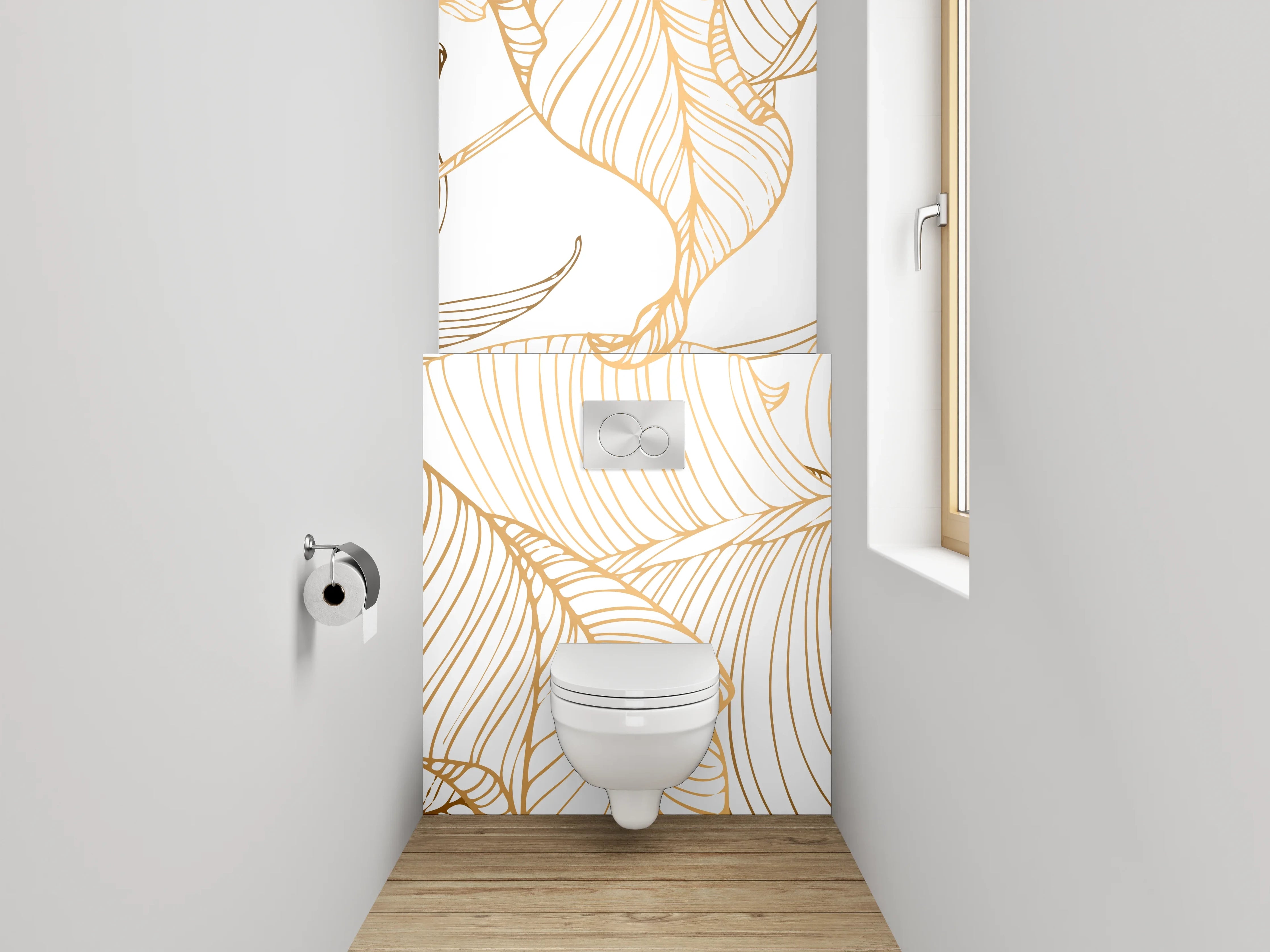 WC-Rückwand - Lineart Blätter Minimalistisch Gold Weiß