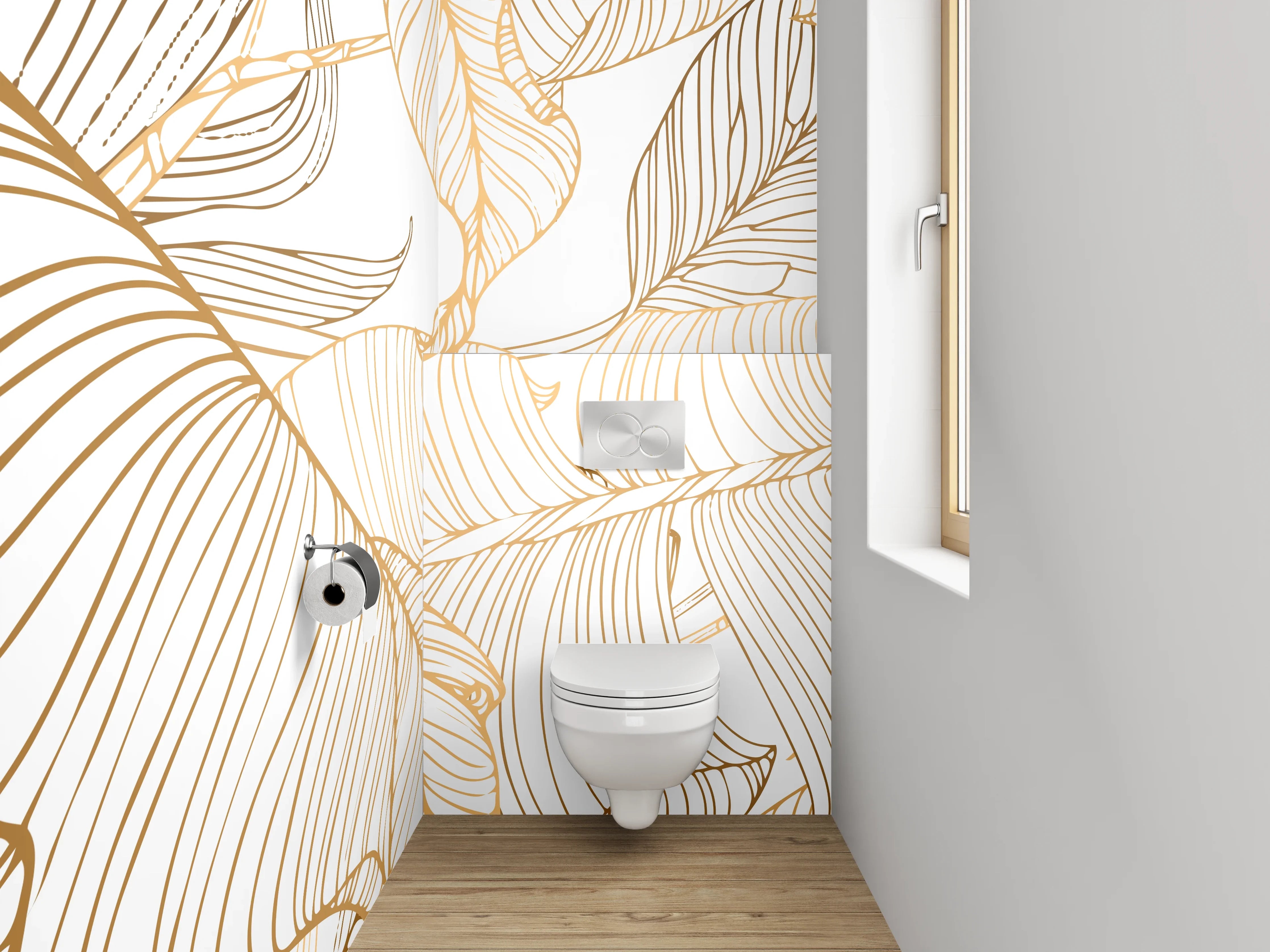 WC-Rückwand - Lineart Blätter Minimalistisch Gold Weiß