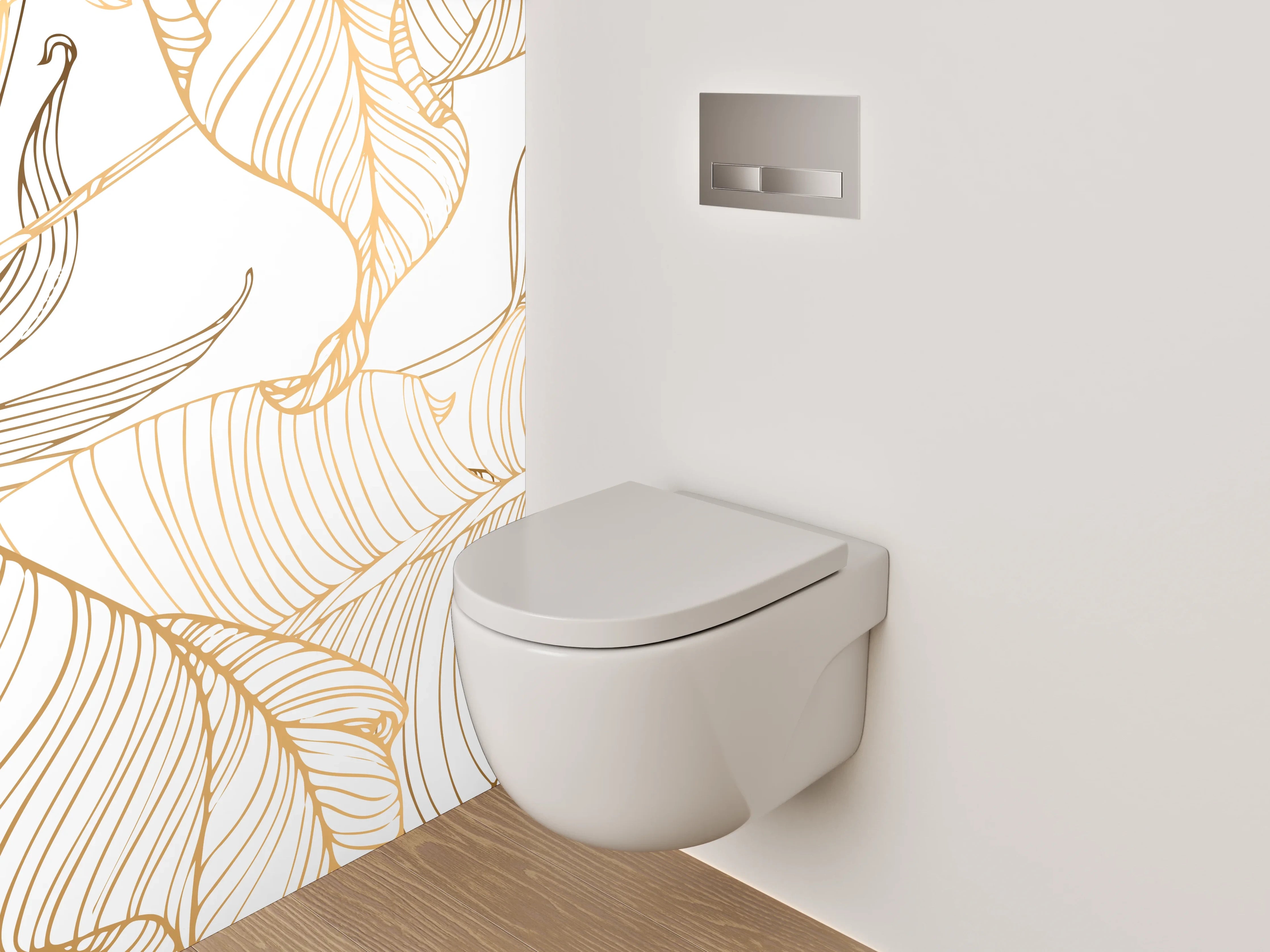 WC-Rückwand - Lineart Blätter Minimalistisch Gold Weiß