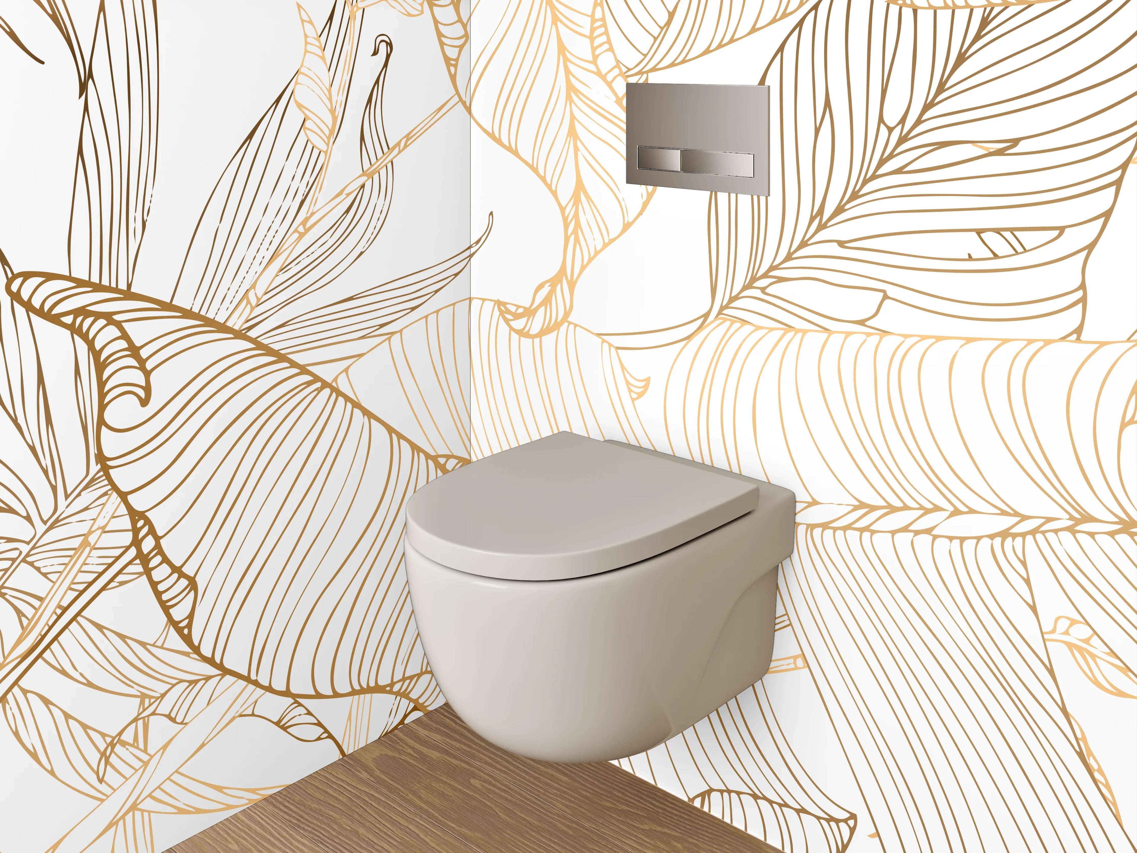 WC-Rückwand - Lineart Blätter Minimalistisch Gold Weiß