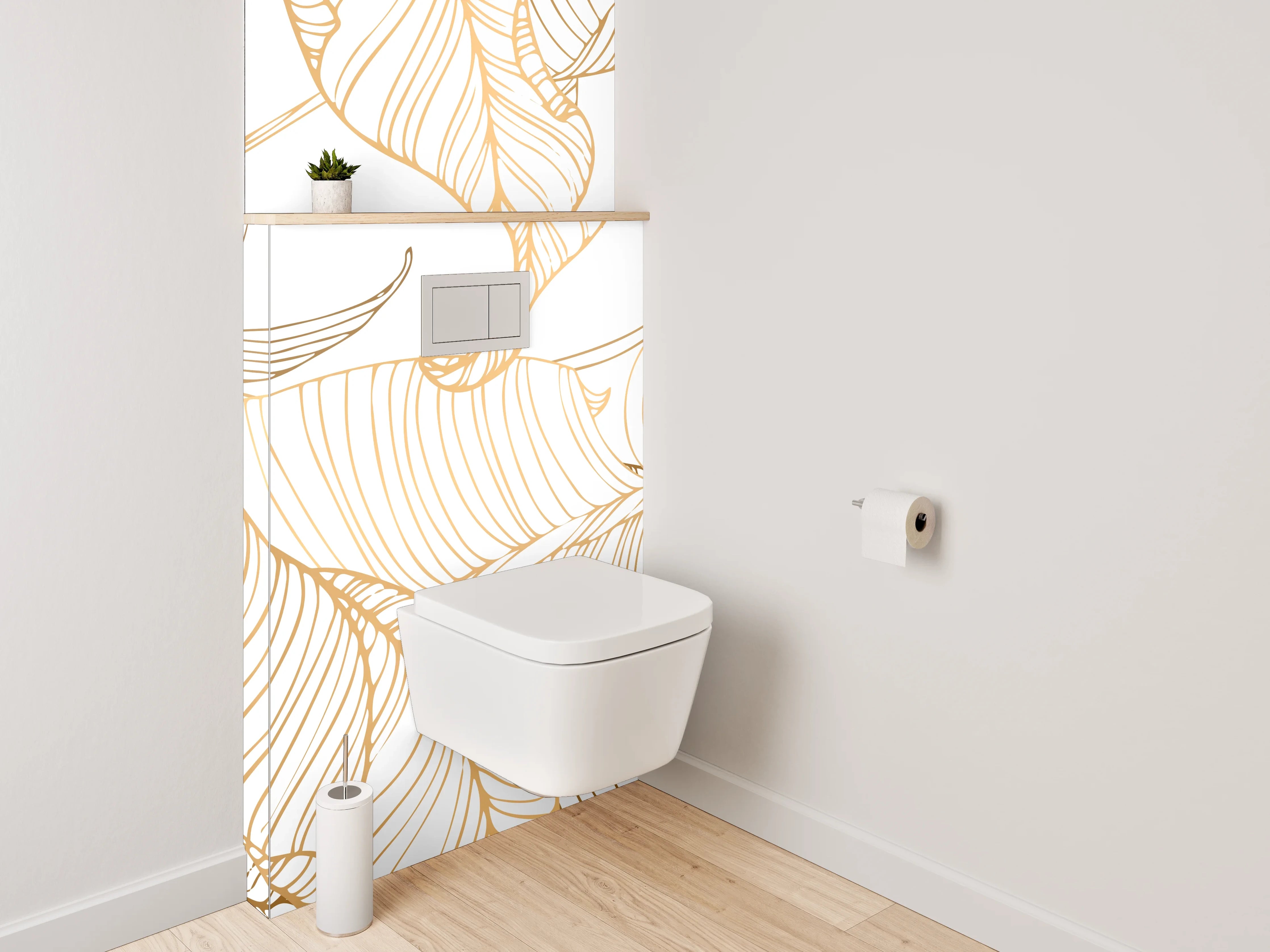 WC-Rückwand - Lineart Blätter Minimalistisch Gold Weiß
