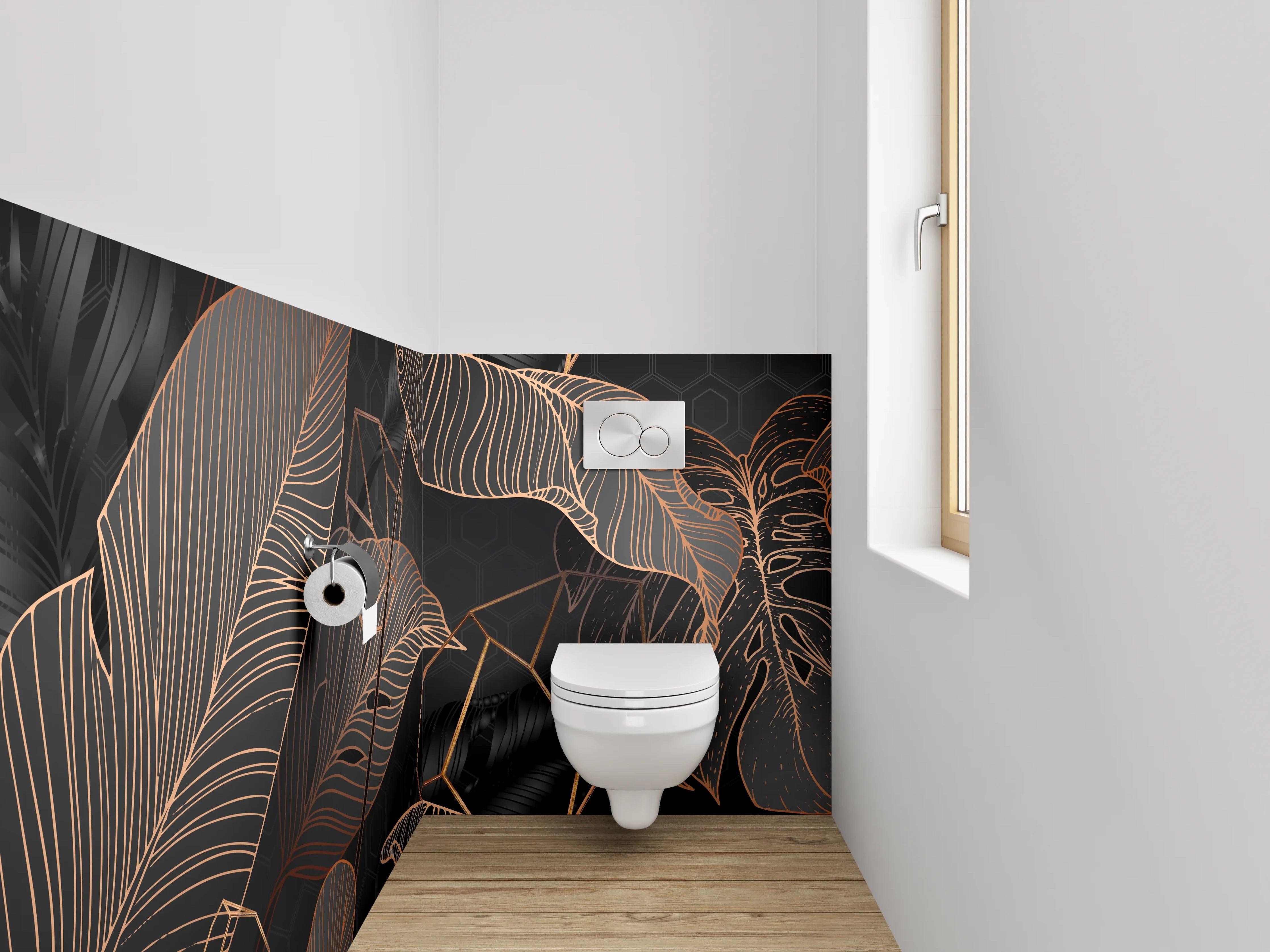 WC-Rückwand - Lineart Blätter Schwarz Kupfer Tropisch