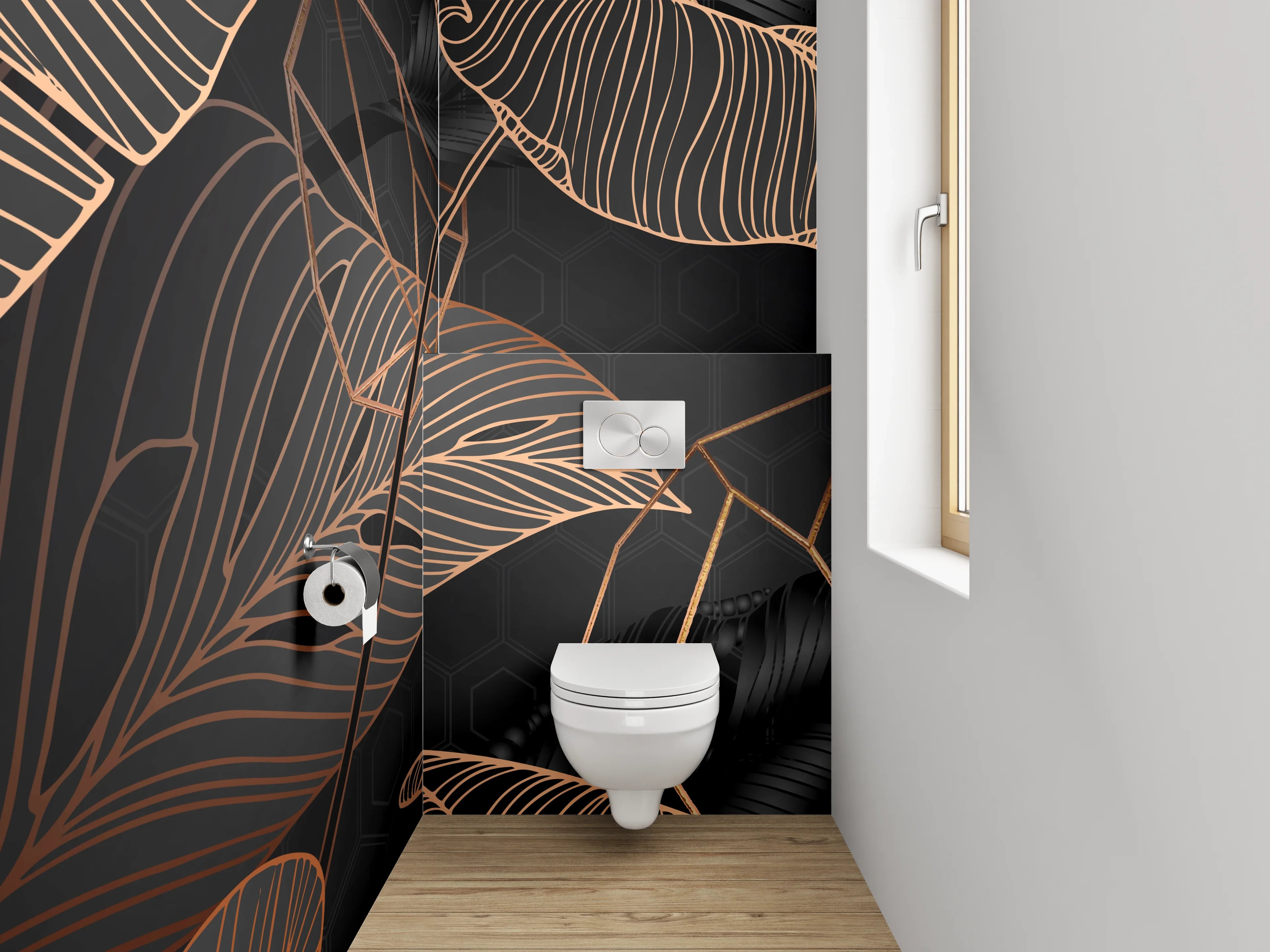 WC-Rückwand - Lineart Blätter Schwarz Kupfer Tropisch