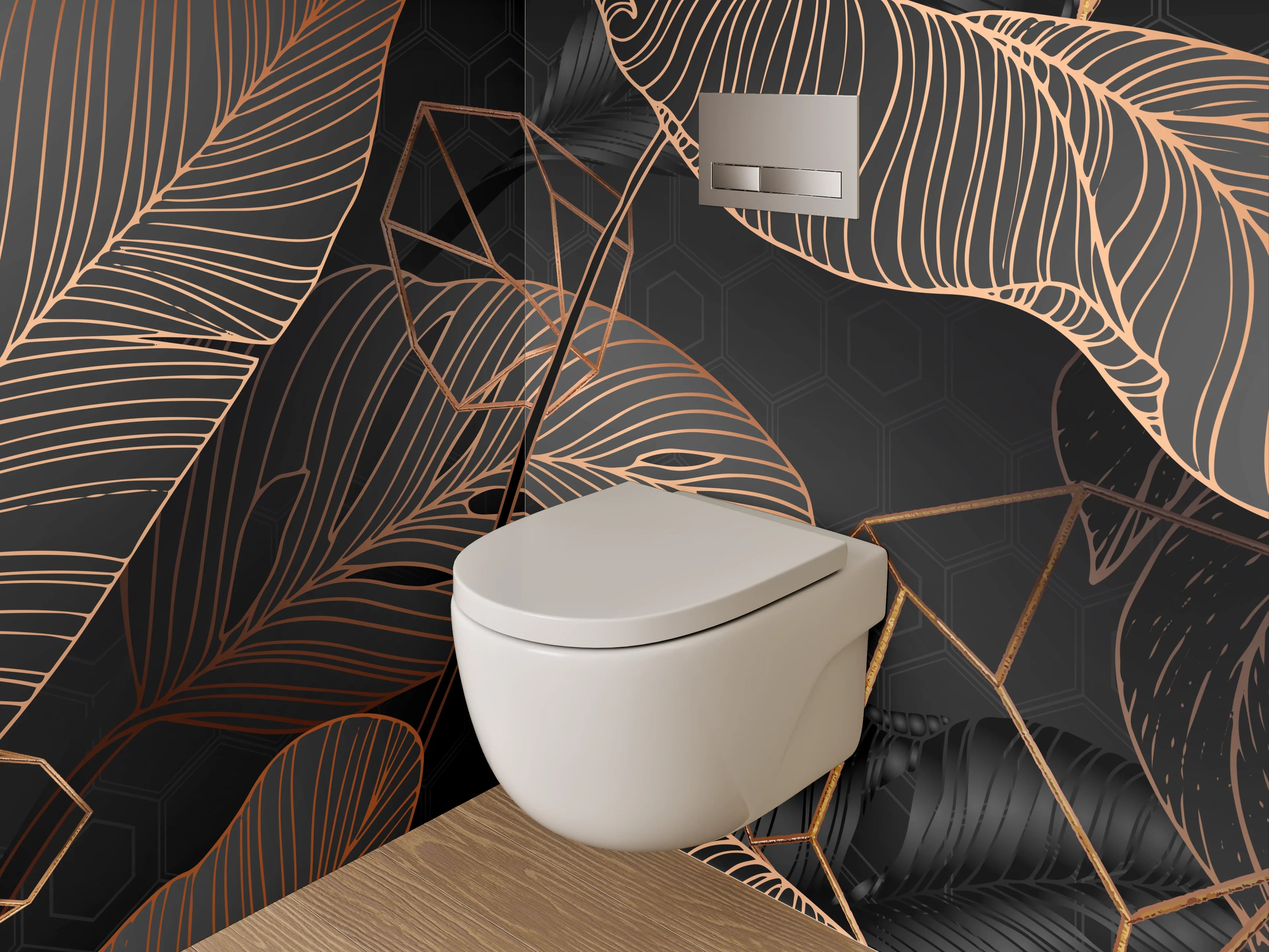 WC-Rückwand - Lineart Blätter Schwarz Kupfer Tropisch