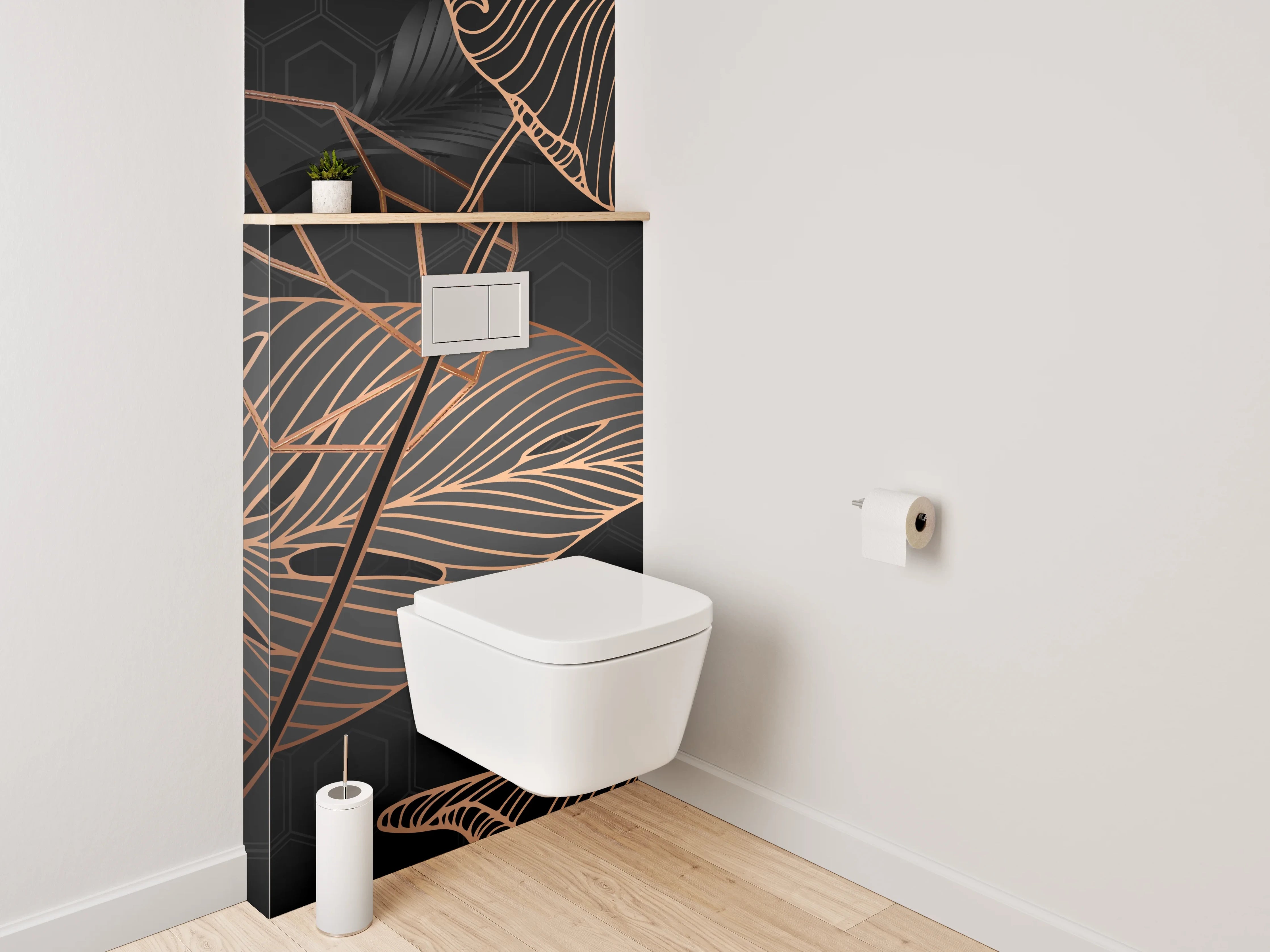 WC-Rückwand - Lineart Blätter Schwarz Kupfer Tropisch